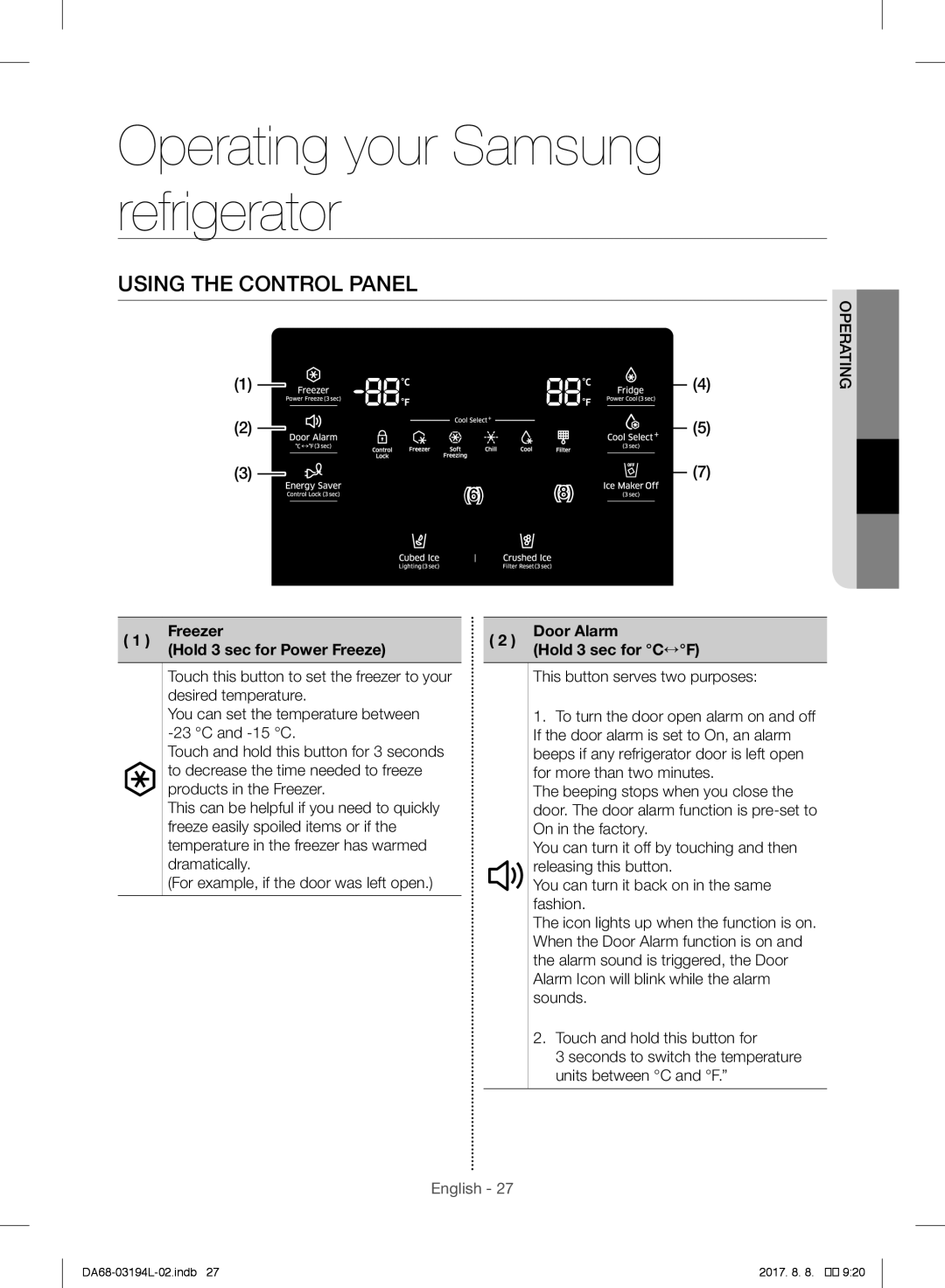 Samsung RF56J9071SR/WS manual Operating your Samsung refrigerator, Using the Control Panel 