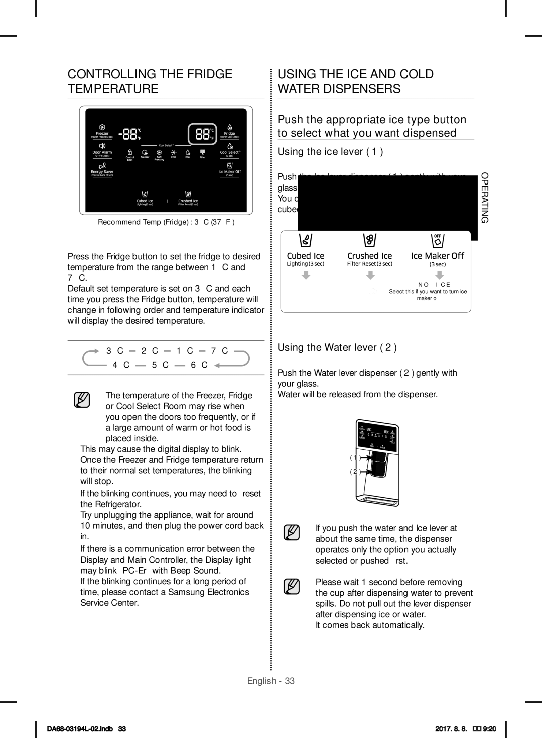 Samsung RF56J9071SR/WS manual Using the ice lever, Using the Water lever 