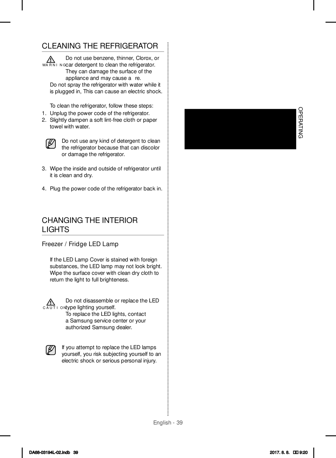 Samsung RF56J9071SR/WS manual Cleaning the Refrigerator, Changing the Interior Lights, Freezer / Fridge LED Lamp 