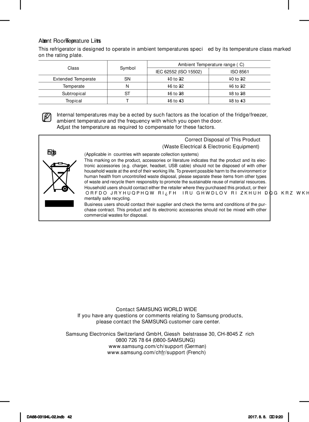 Samsung RF56J9071SR/WS manual English, Ambient Room Temperature Limits 