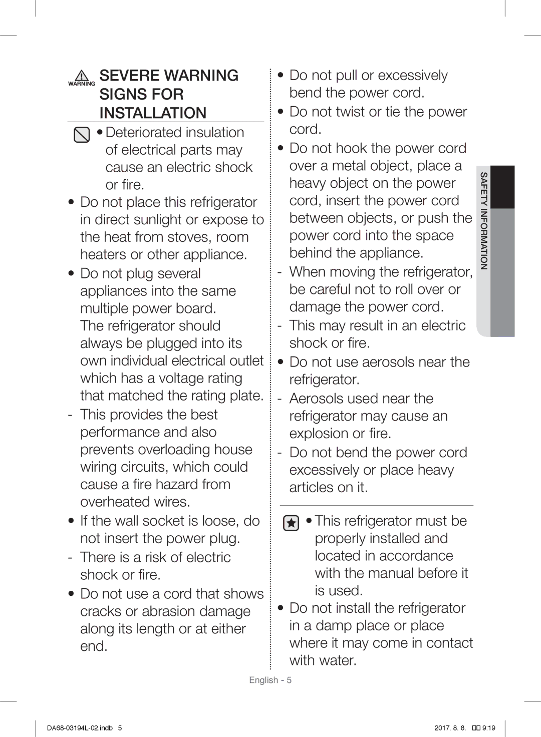 Samsung RF56J9071SR/WS manual Severe Warning Warning Signs for Installation 