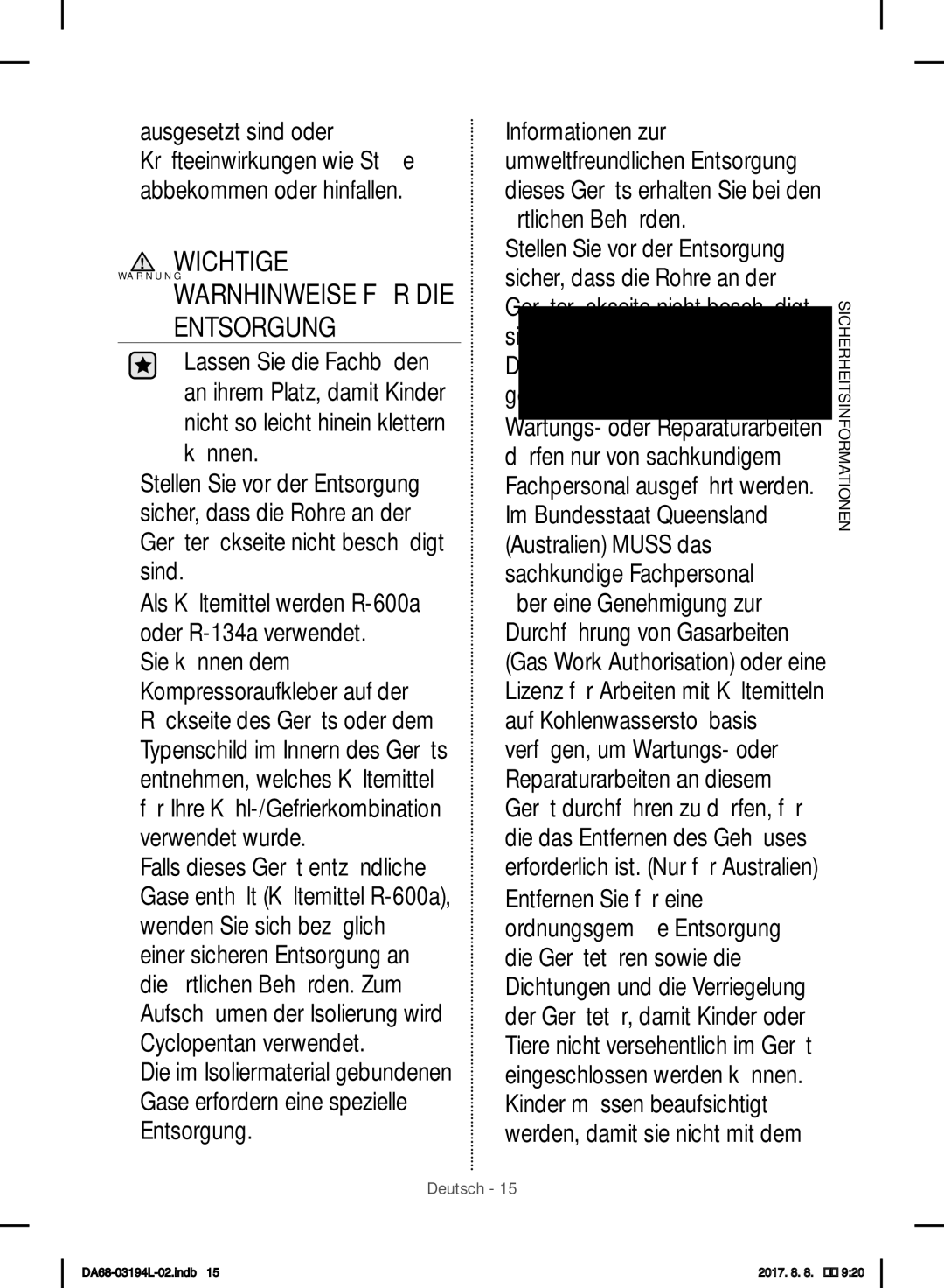 Samsung RF56J9071SR/WS manual Warnung Warnhinweise FÜR DIE Entsorgung 