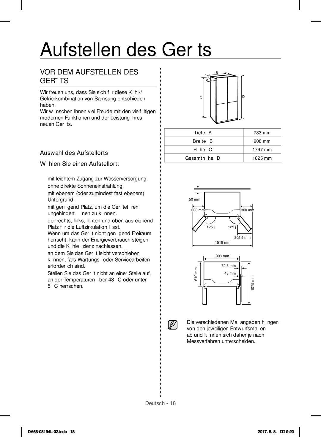 Samsung RF56J9071SR/WS manual Aufstellen des Geräts, VOR DEM Aufstellen DES Geräts 