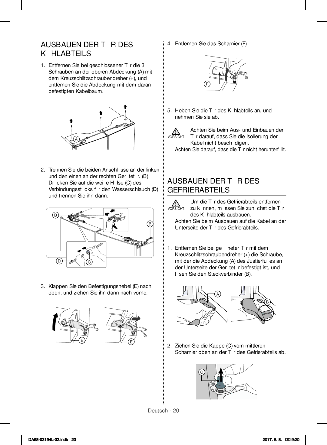 Samsung RF56J9071SR/WS manual Ausbauen DER TÜR DES Kühlabteils, Ausbauen DER TÜR DES Gefrierabteils 