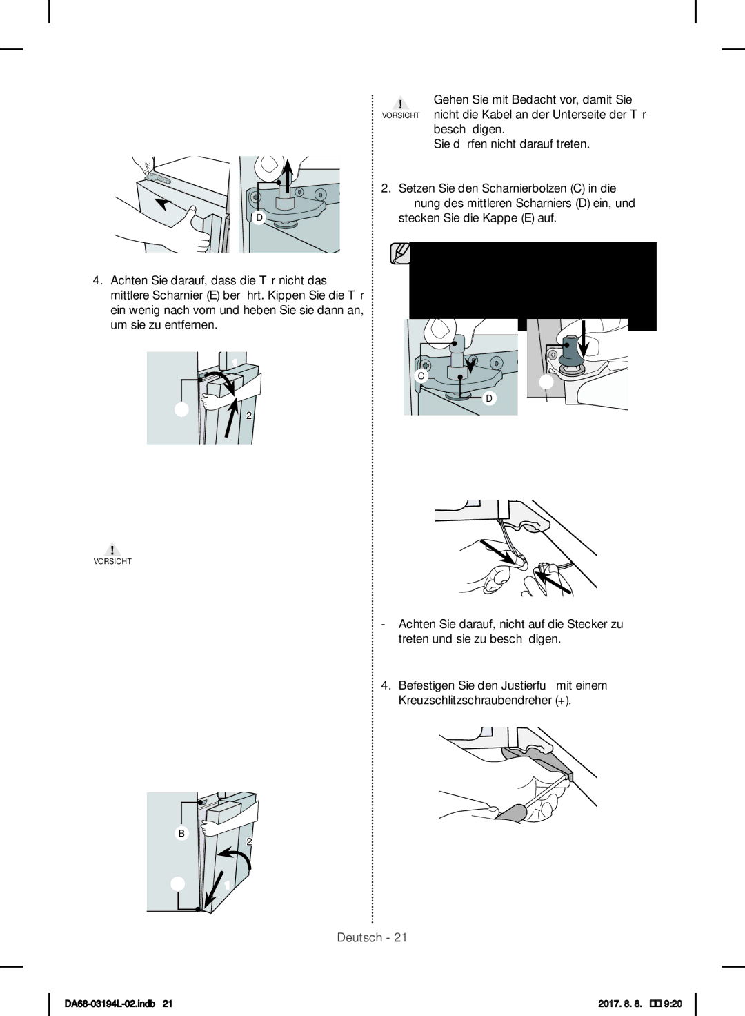 Samsung RF56J9071SR/WS manual Einbauen DER TÜR DES Gefrierabteils, Einbauen der Tür des Gefrierabteils 