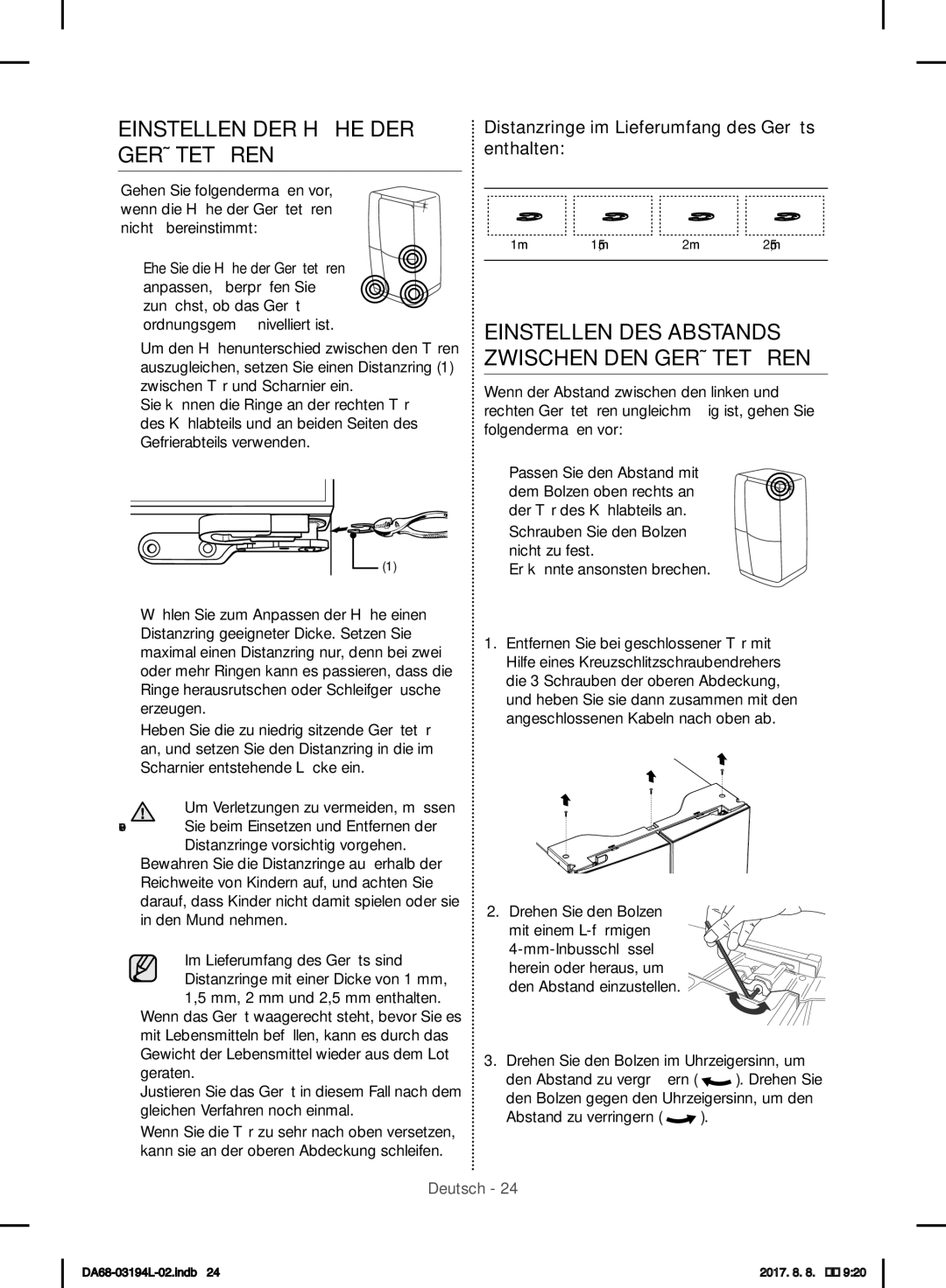 Samsung RF56J9071SR/WS manual Einstellen DER Höhe DER Gerätetüren, Einstellen DES Abstands Zwischen DEN Gerätetüren 