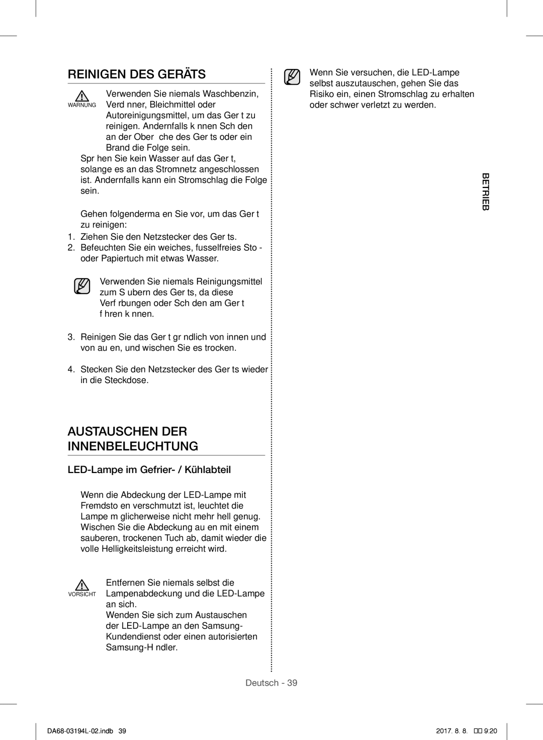 Samsung RF56J9071SR/WS manual Reinigen DES Geräts, Austauschen DER Innenbeleuchtung, LED-Lampe im Gefrier- / Kühlabteil 