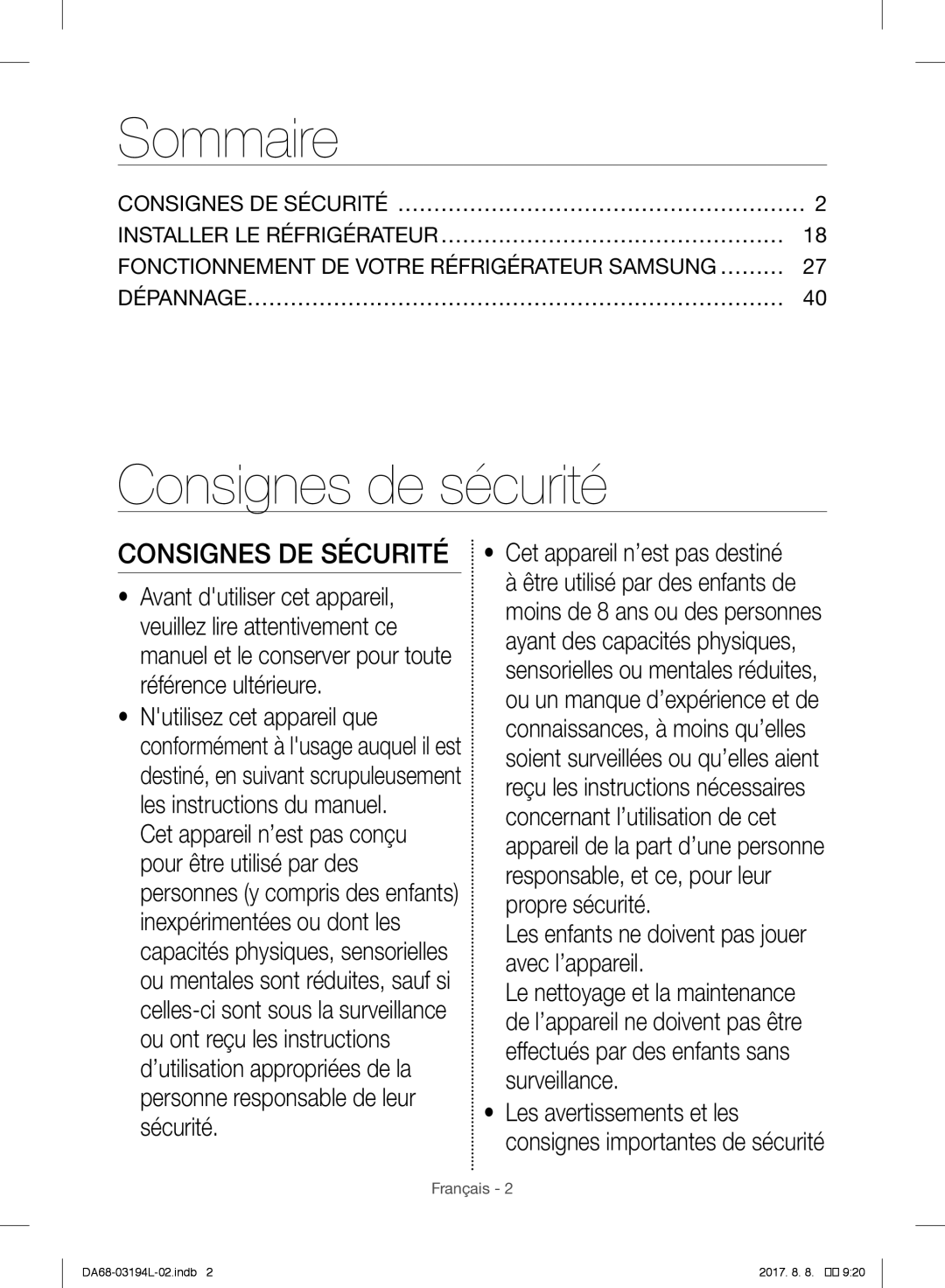 Samsung RF56J9071SR/WS manual Sommaire, Consignes de sécurité, Consignes DE Sécurité 