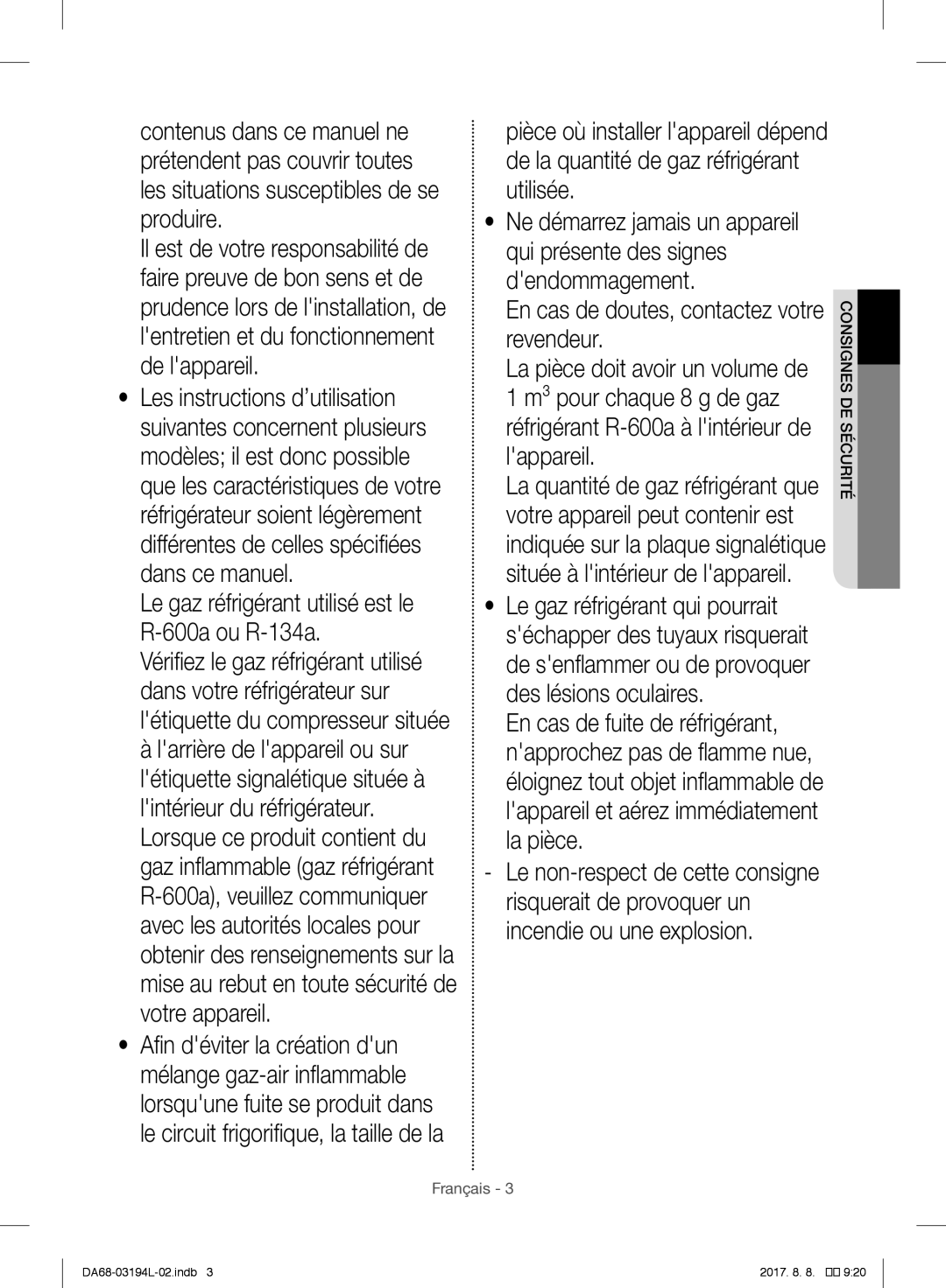 Samsung RF56J9071SR/WS manual Le gaz réfrigérant utilisé est le R-600a ou R-134a 