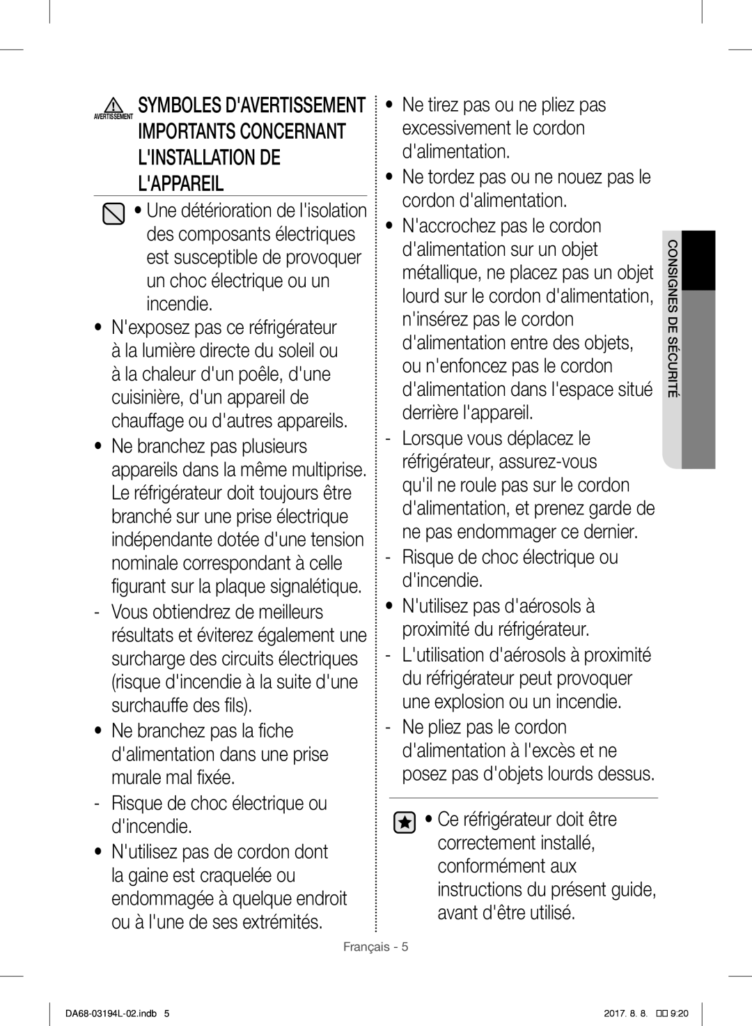 Samsung RF56J9071SR/WS manual Linstallation DE Lappareil 