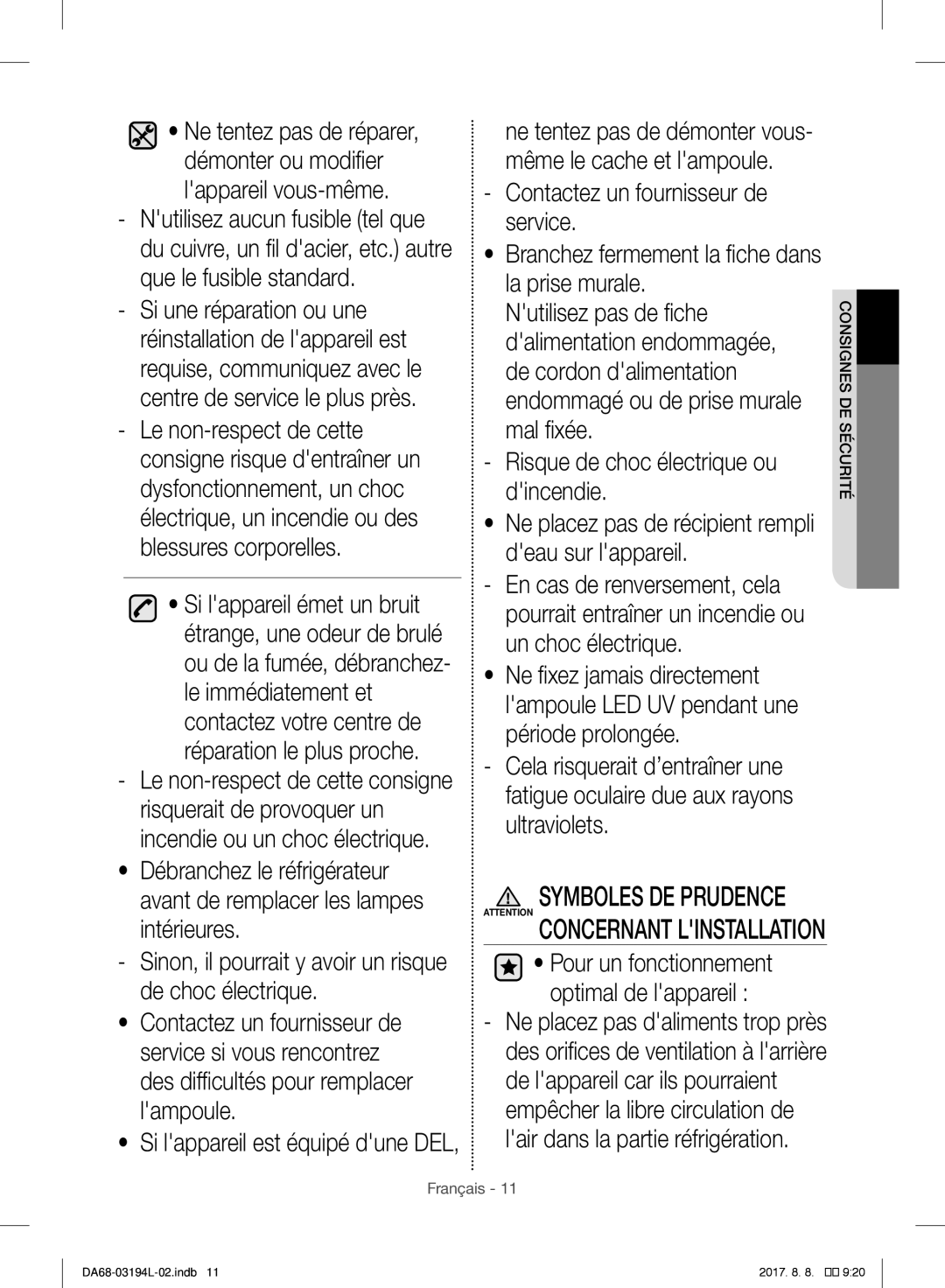 Samsung RF56J9071SR/WS manual Contactez un fournisseur de, Service, La prise murale Nutilisez pas de fiche 