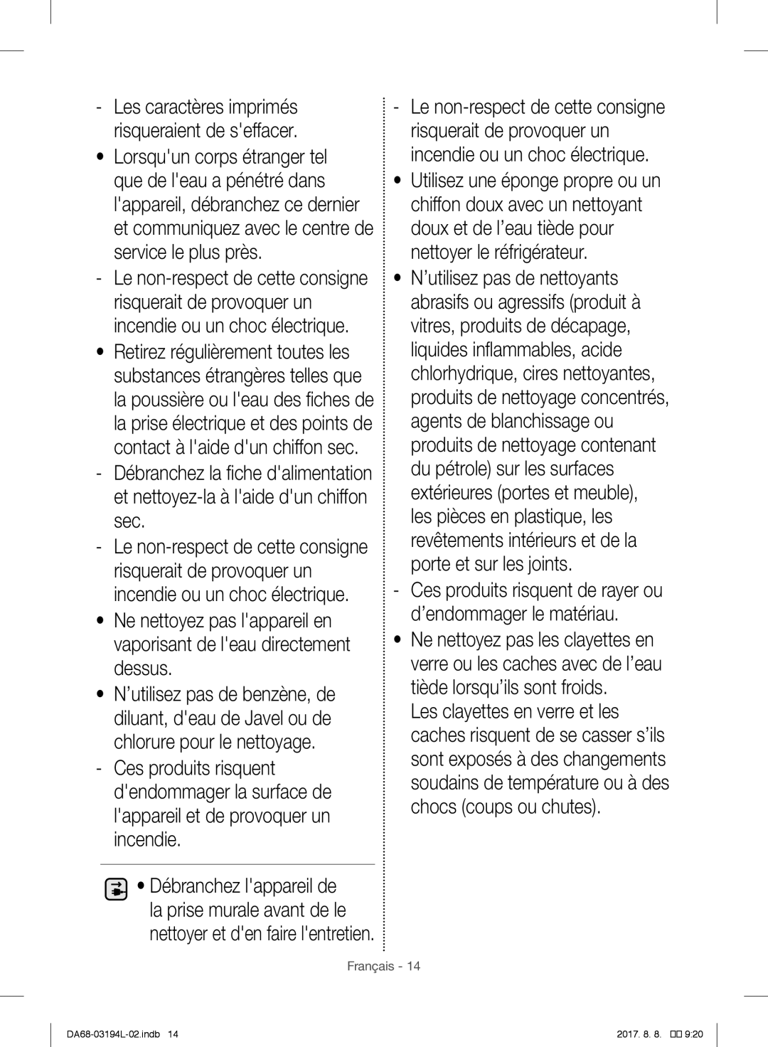 Samsung RF56J9071SR/WS manual Ces produits risquent de rayer ou d’endommager le matériau 