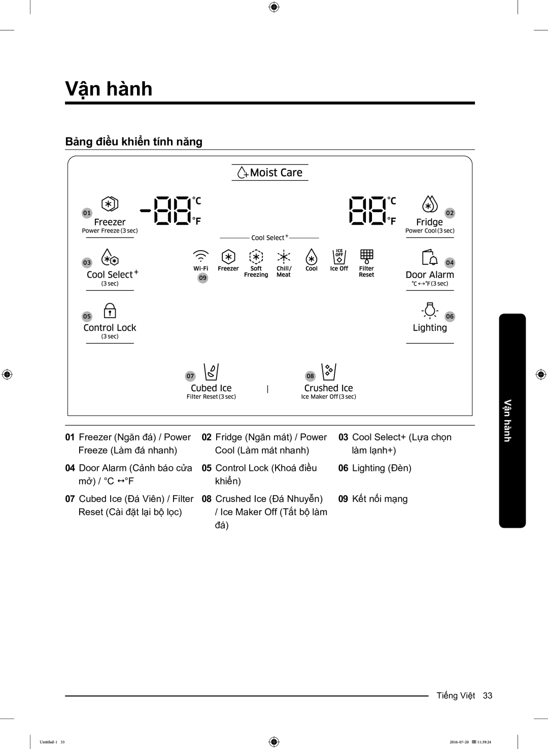 Samsung RF56K9041SG/SV manual Vận hành, Bảng điều khiển tính năng 