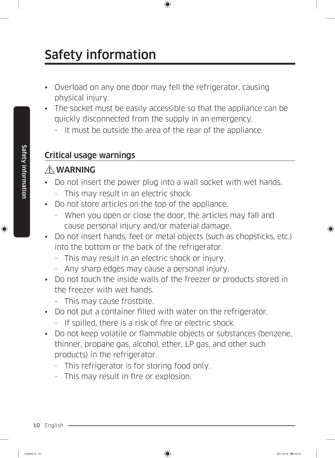 Samsung RF56K9041SR/ES manual Critical usage warnings 