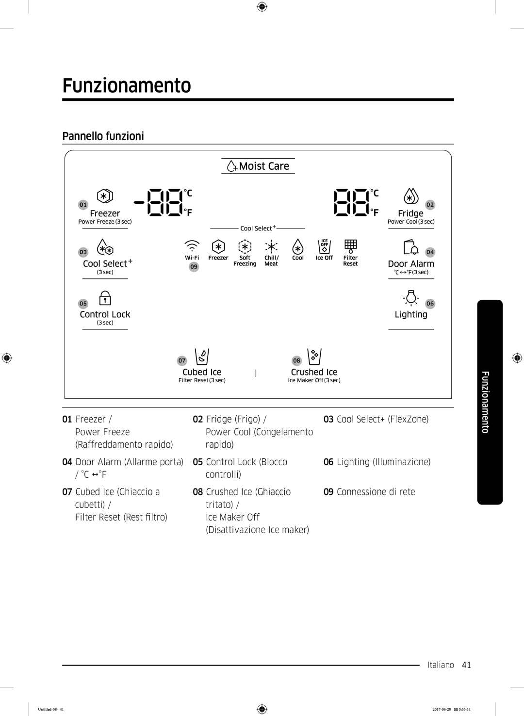 Samsung RF56K9041SR/ES manual Funzionamento, Pannello funzioni, Freezer Fridge Frigo 