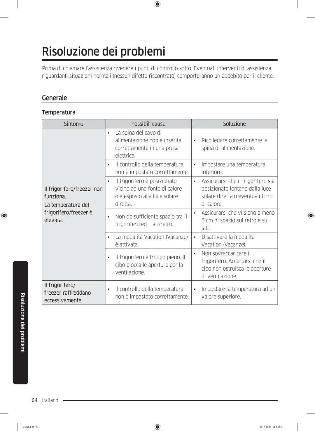 Samsung RF56K9041SR/ES manual Risoluzione dei problemi, Generale, Temperatura 