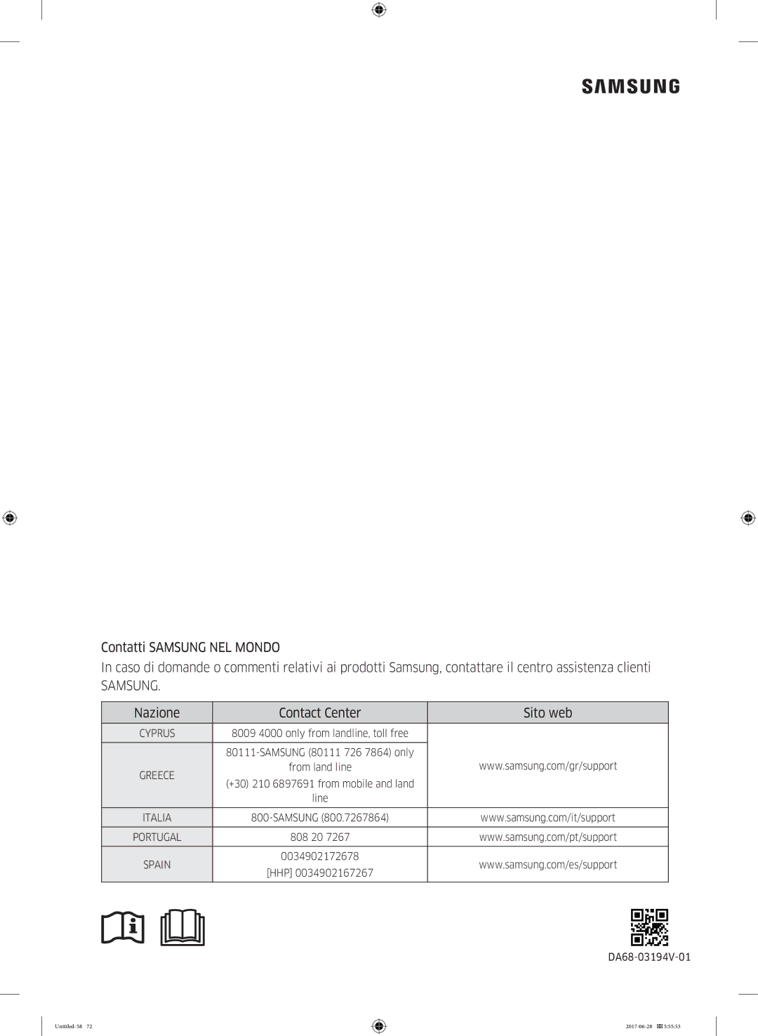 Samsung RF56K9041SR/ES manual Samsung, Nazione Contact Center Sito web 