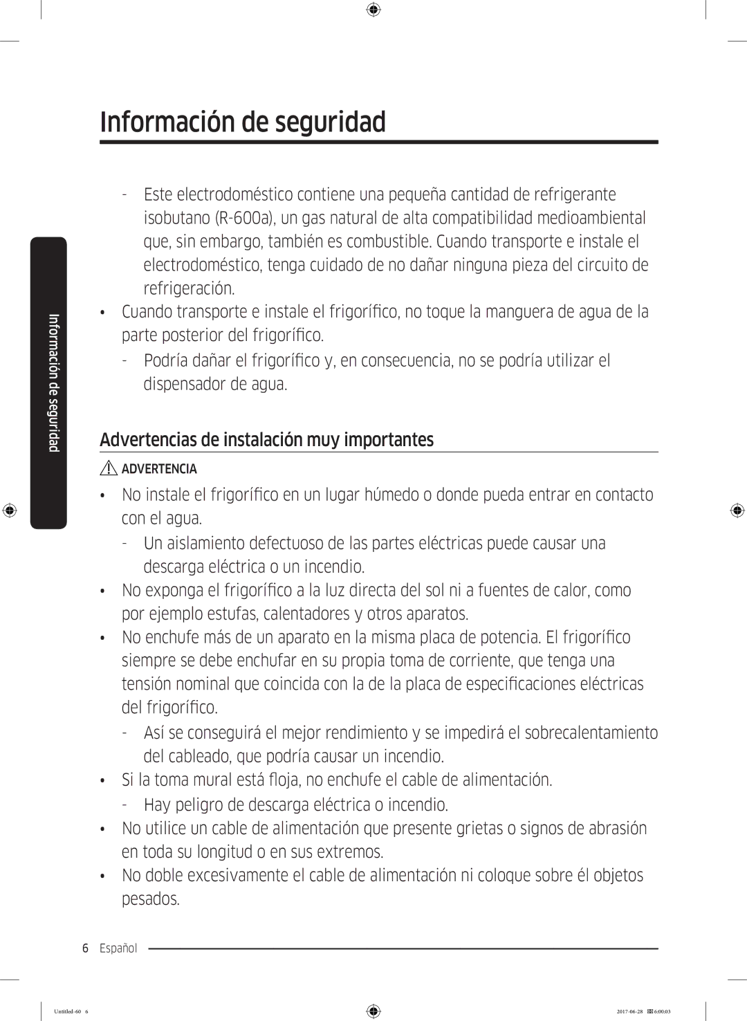 Samsung RF56K9041SR/ES manual Advertencias de instalación muy importantes 