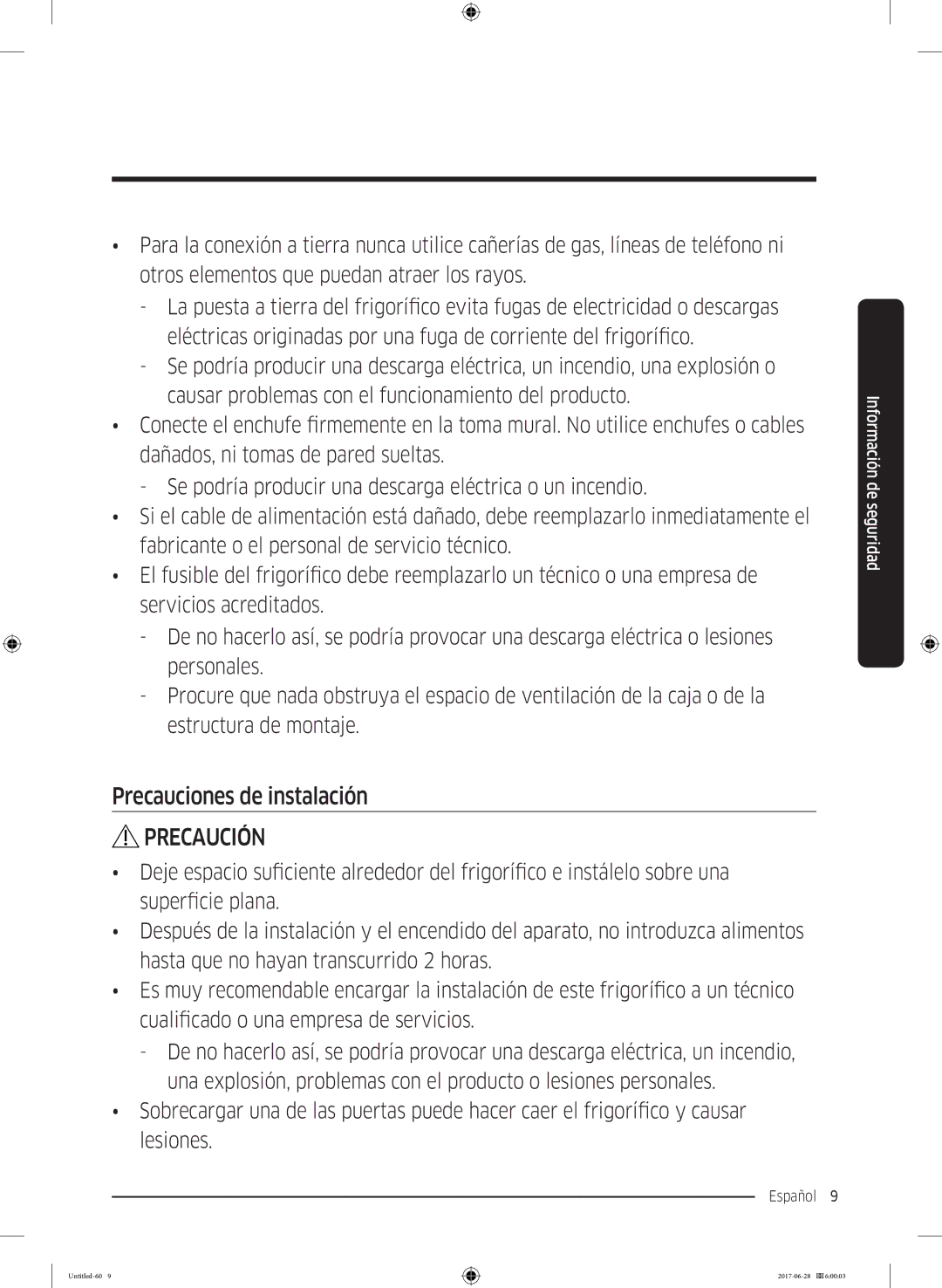 Samsung RF56K9041SR/ES manual Precauciones de instalación 