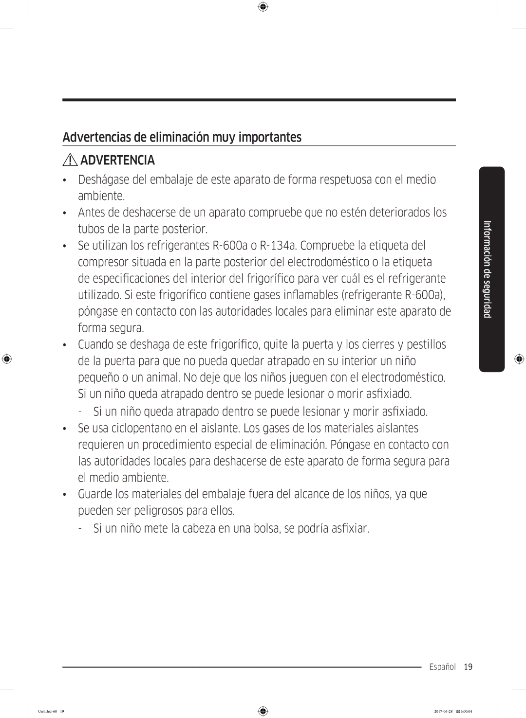 Samsung RF56K9041SR/ES manual Advertencias de eliminación muy importantes 