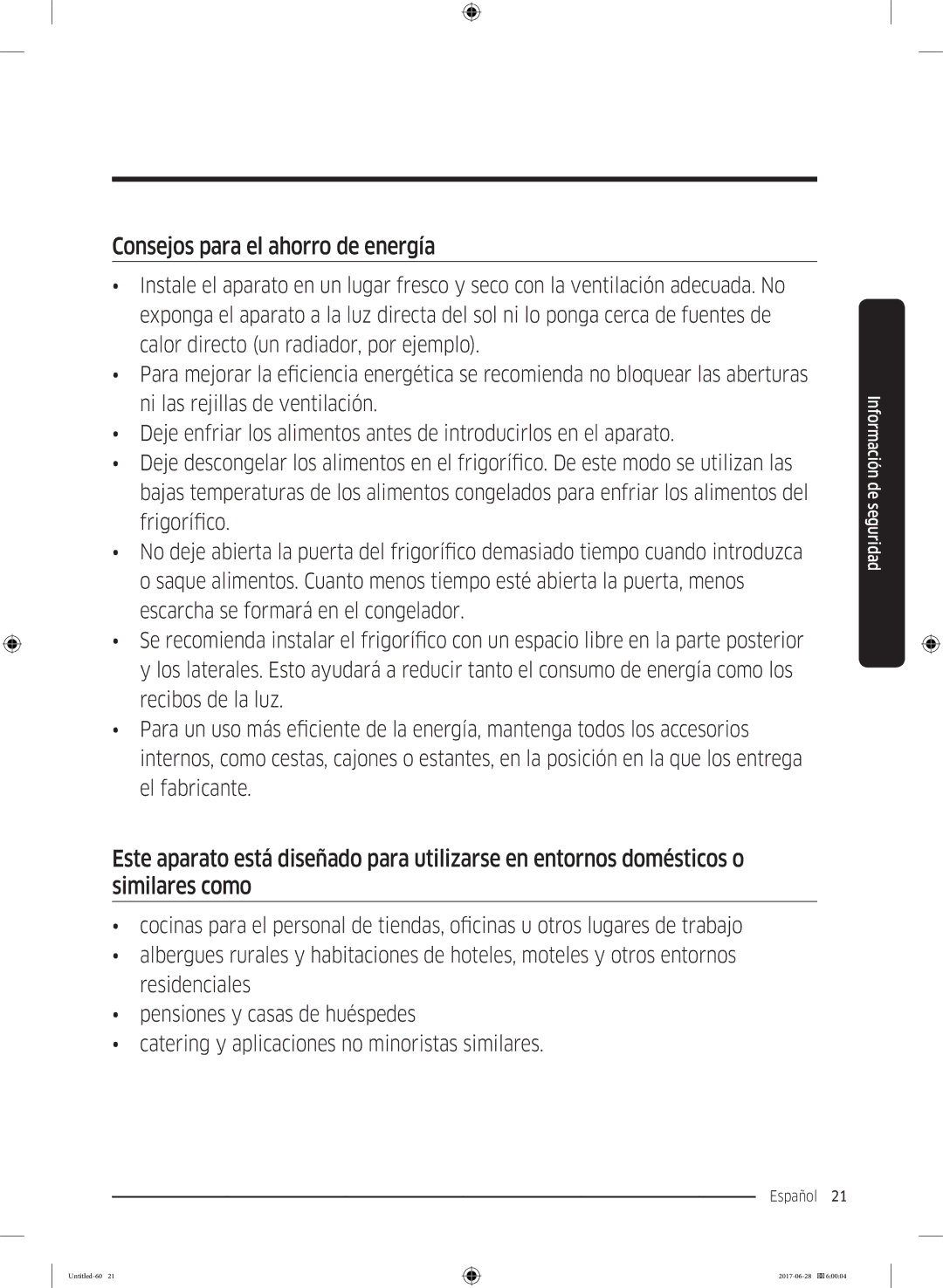 Samsung RF56K9041SR/ES manual Consejos para el ahorro de energía, Deje descongelar los alimentos en el frigorífico. De este 