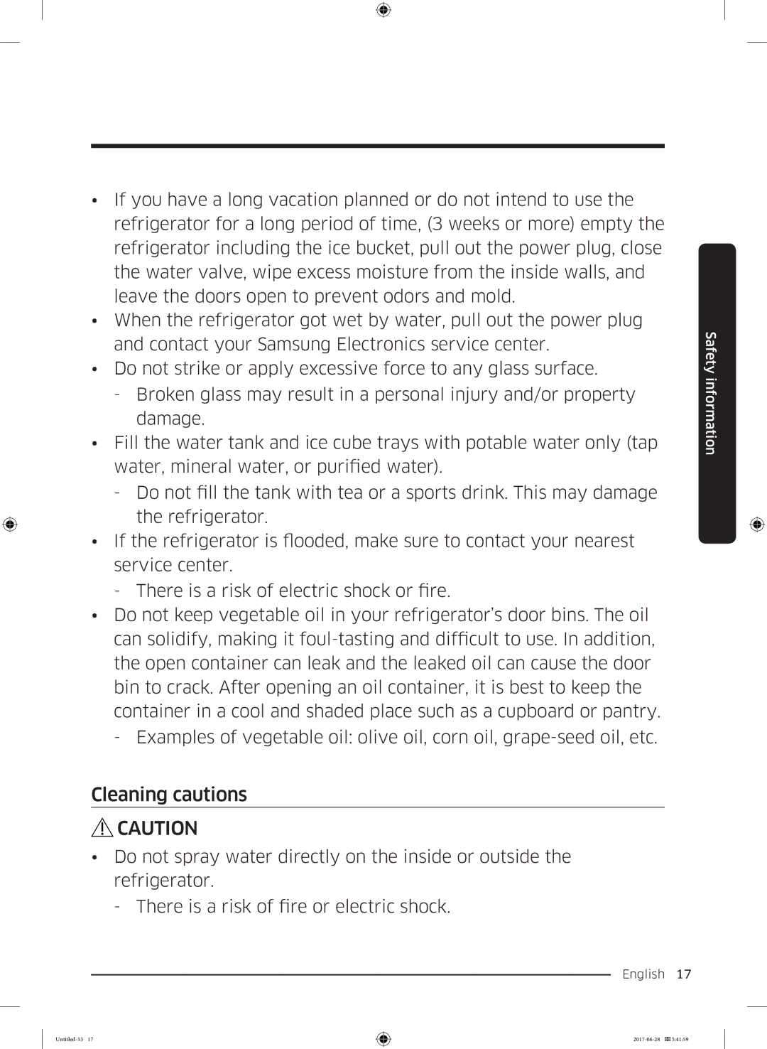 Samsung RF56K9041SR/ES manual Cleaning cautions 