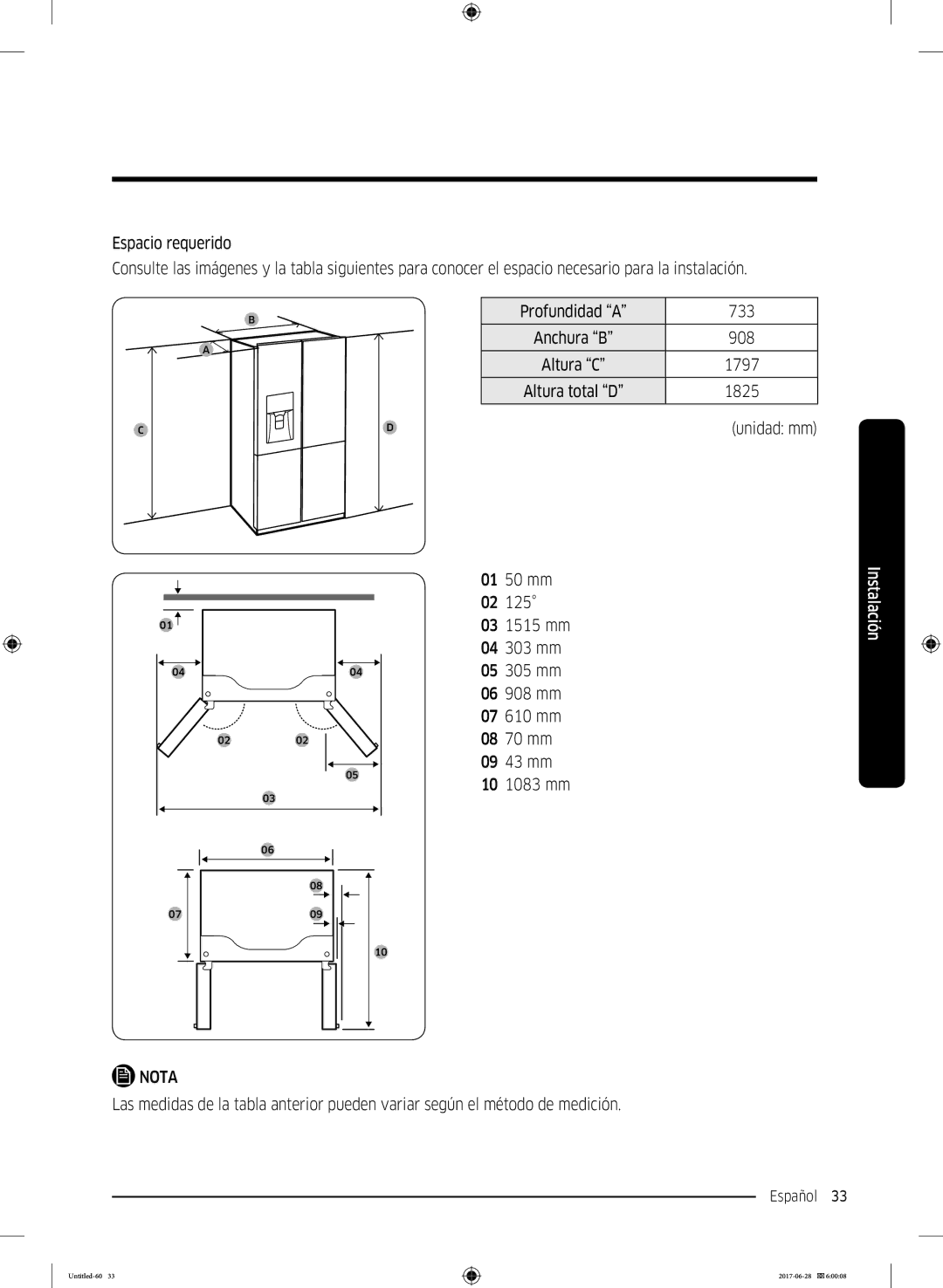 Samsung RF56K9041SR/ES manual Profundidad a 733, 908 