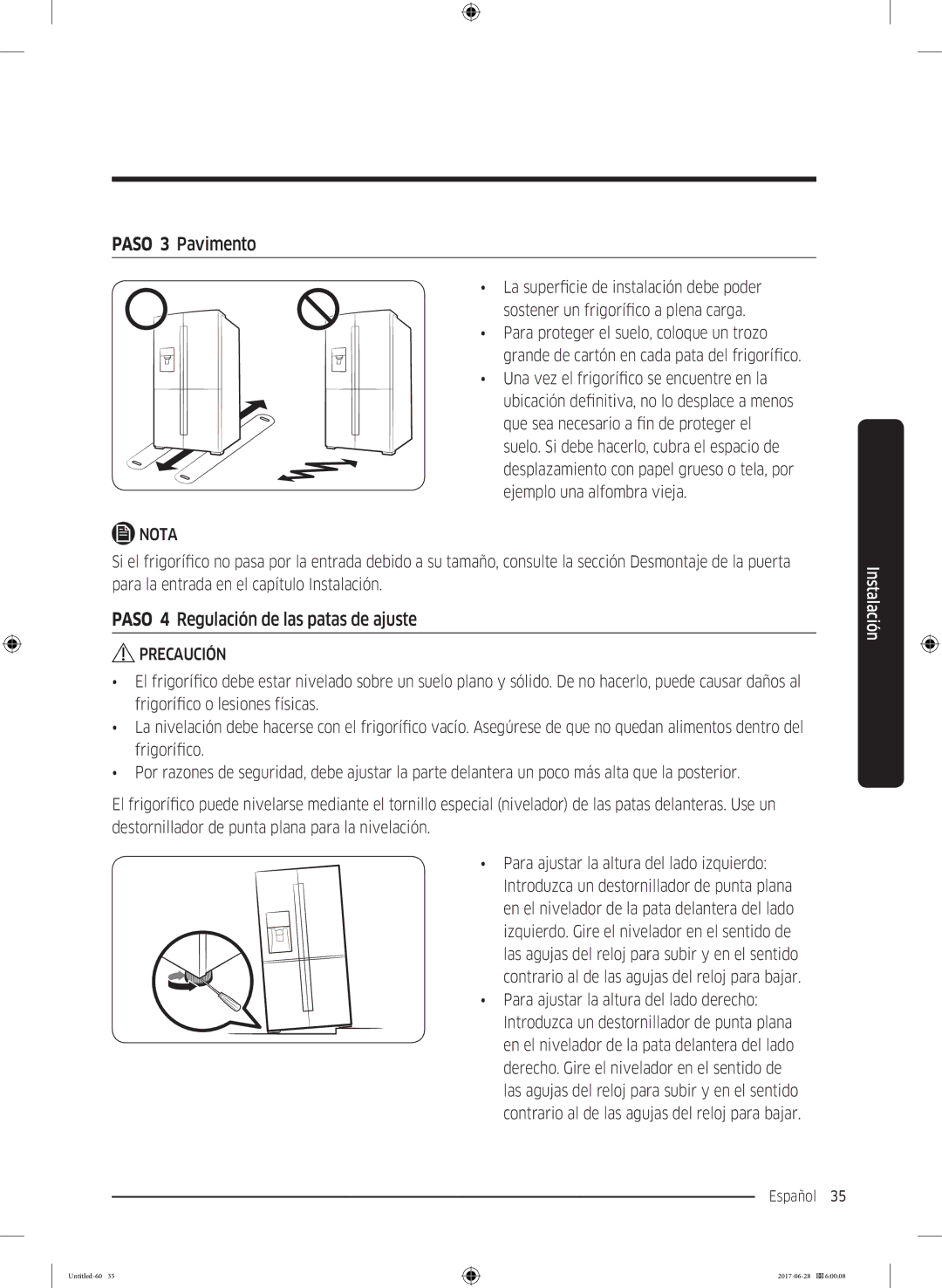 Samsung RF56K9041SR/ES manual Paso 3 Pavimento, Paso 4 Regulación de las patas de ajuste 