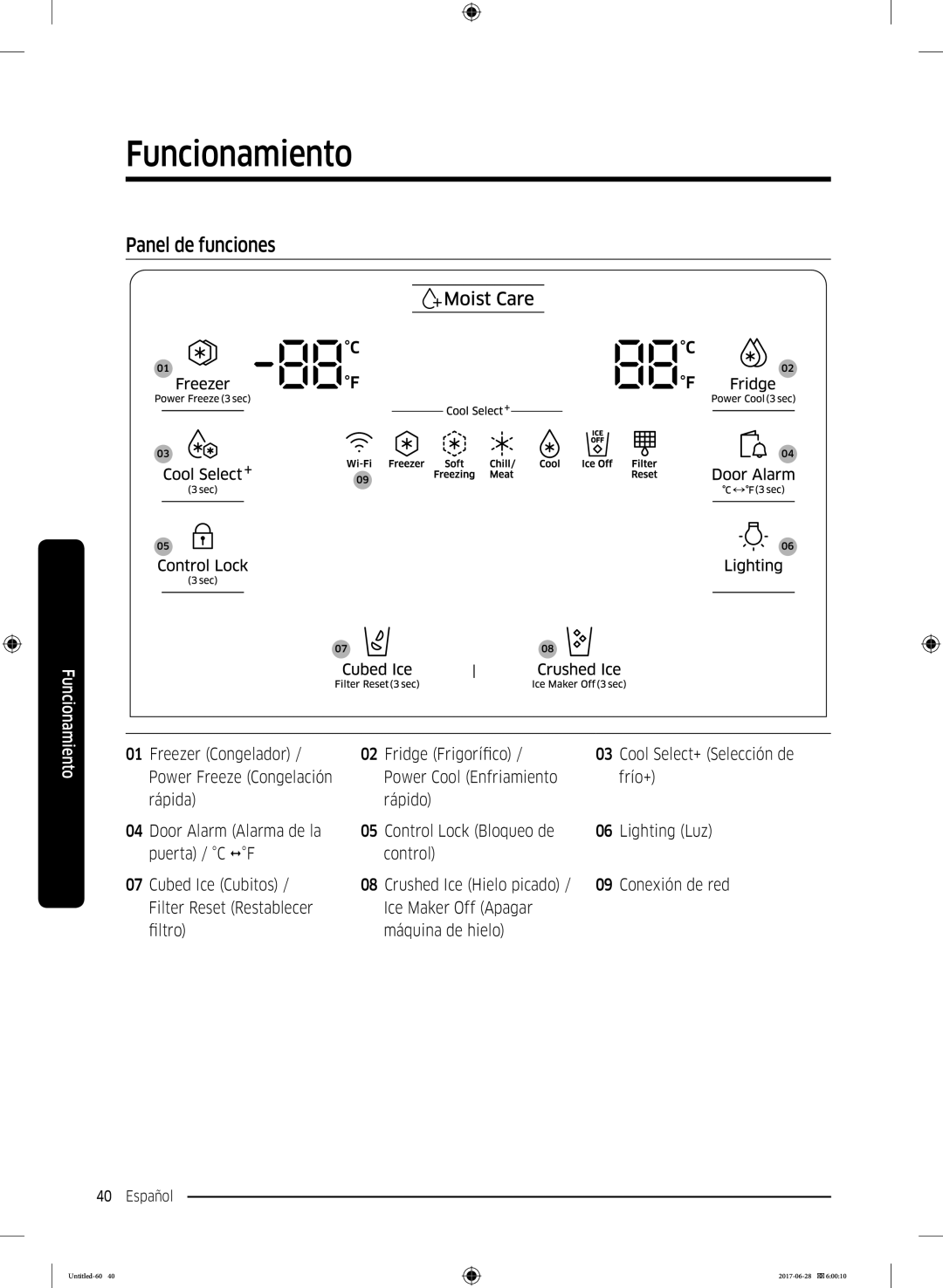 Samsung RF56K9041SR/ES manual Funcionamiento, Panel de funciones, Freezer Congelador Fridge Frigorífico 