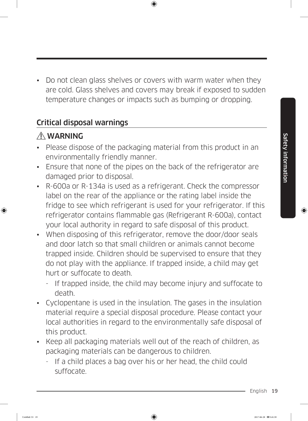 Samsung RF56K9041SR/ES manual Critical disposal warnings 