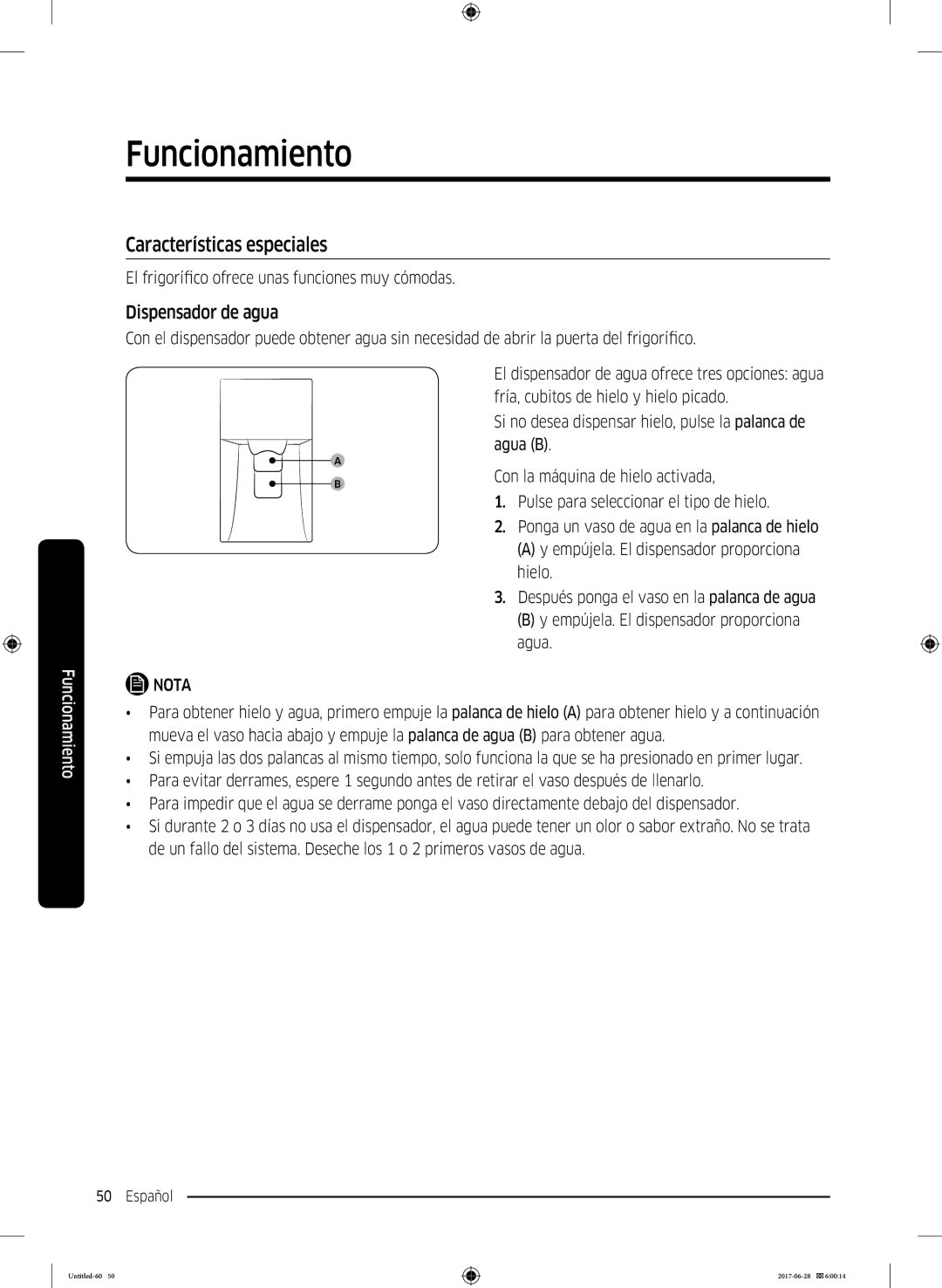 Samsung RF56K9041SR/ES Características especiales, Dispensador de agua, El frigorífico ofrece unas funciones muy cómodas 