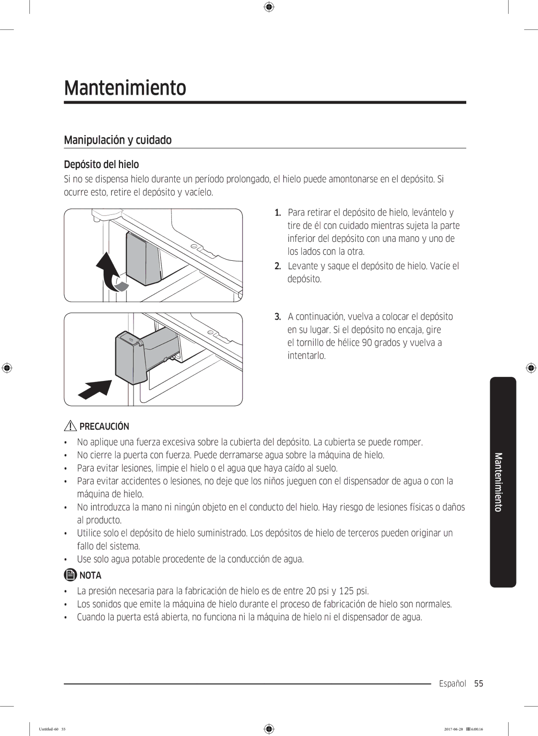 Samsung RF56K9041SR/ES manual Mantenimiento, Manipulación y cuidado, Depósito del hielo 