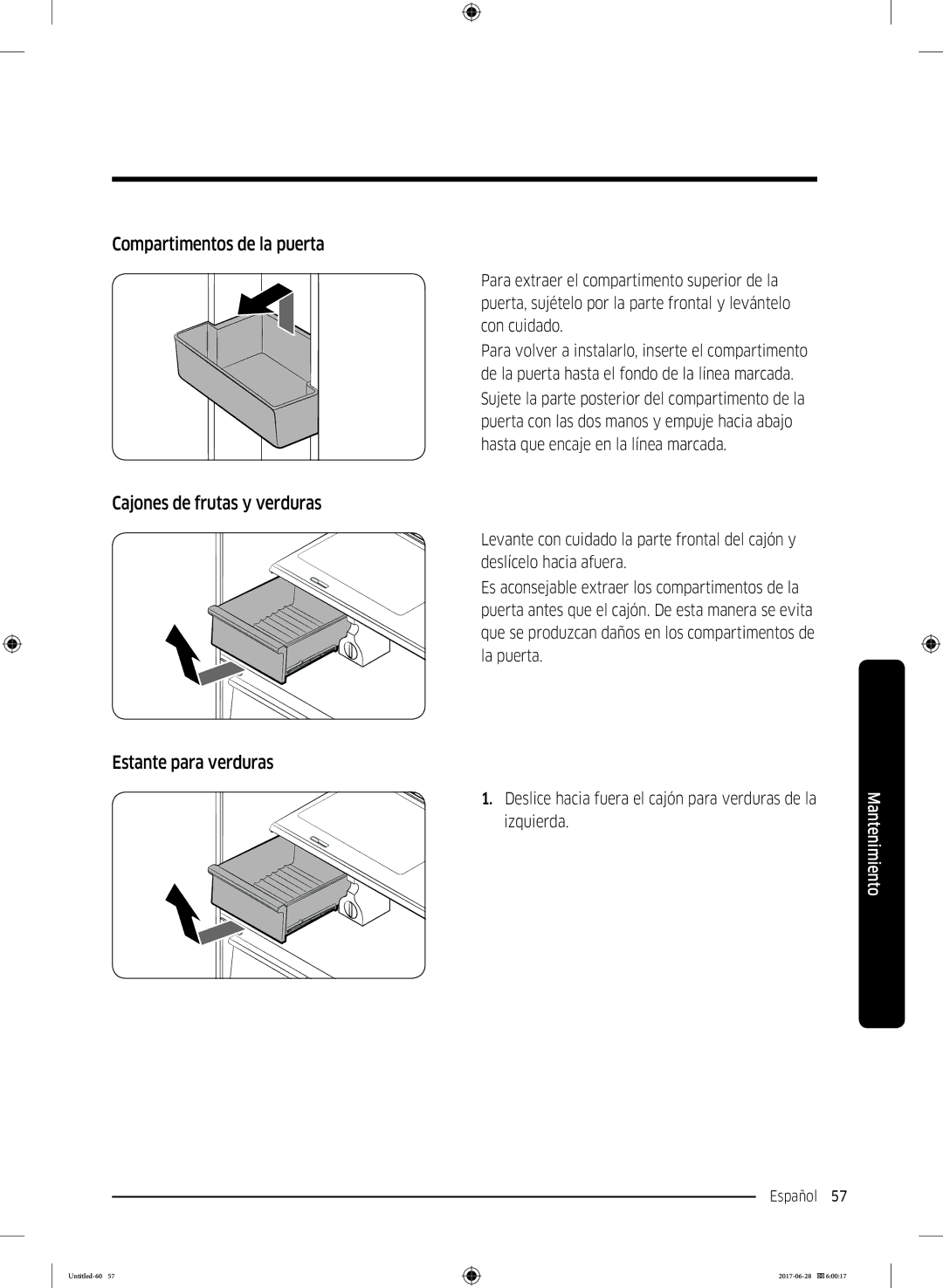 Samsung RF56K9041SR/ES manual Compartimentos de la puerta, Cajones de frutas y verduras, Estante para verduras 