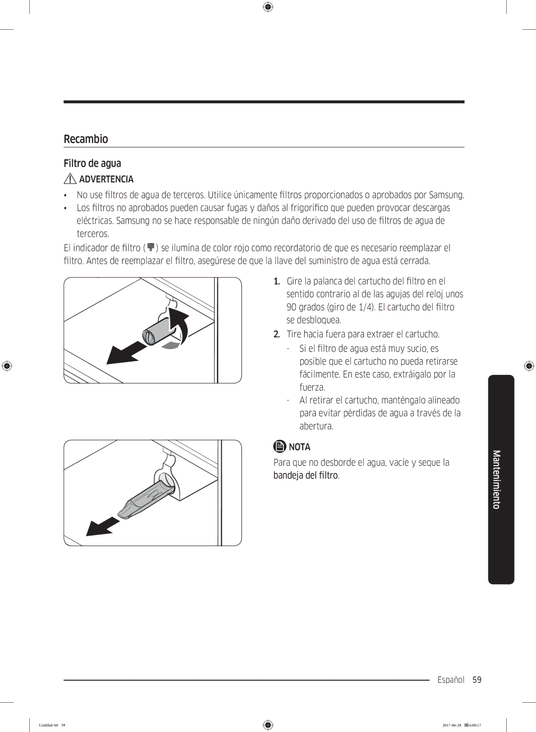 Samsung RF56K9041SR/ES manual Recambio, Filtro de agua 