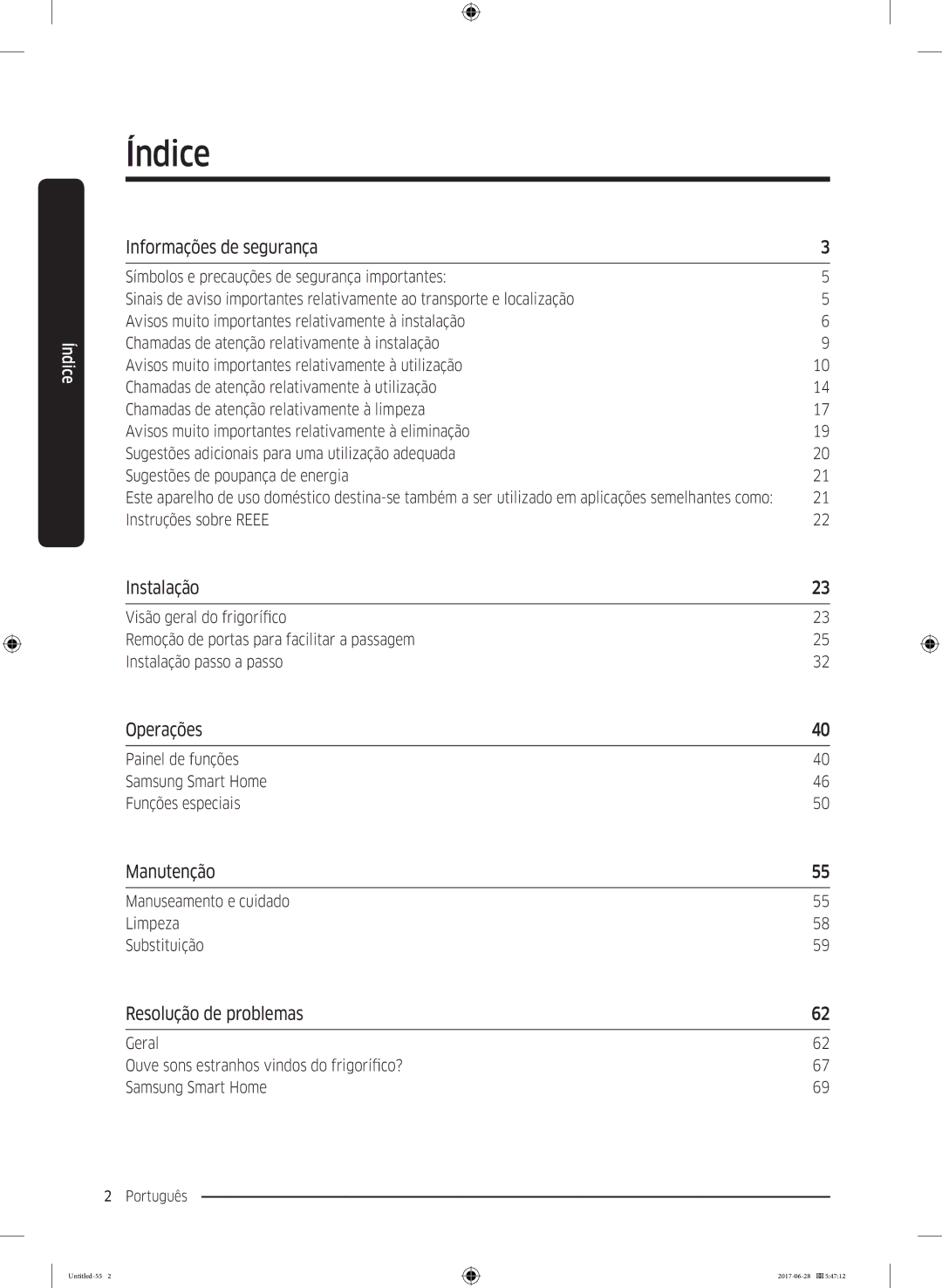 Samsung RF56K9041SR/ES manual Informações de segurança, Instalação, Operações, Manutenção, Resolução de problemas 