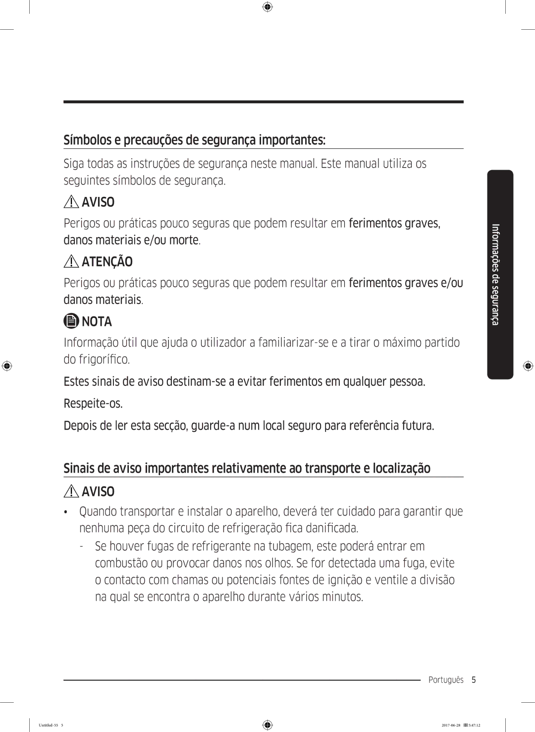 Samsung RF56K9041SR/ES manual Símbolos e precauções de segurança importantes, Aviso 