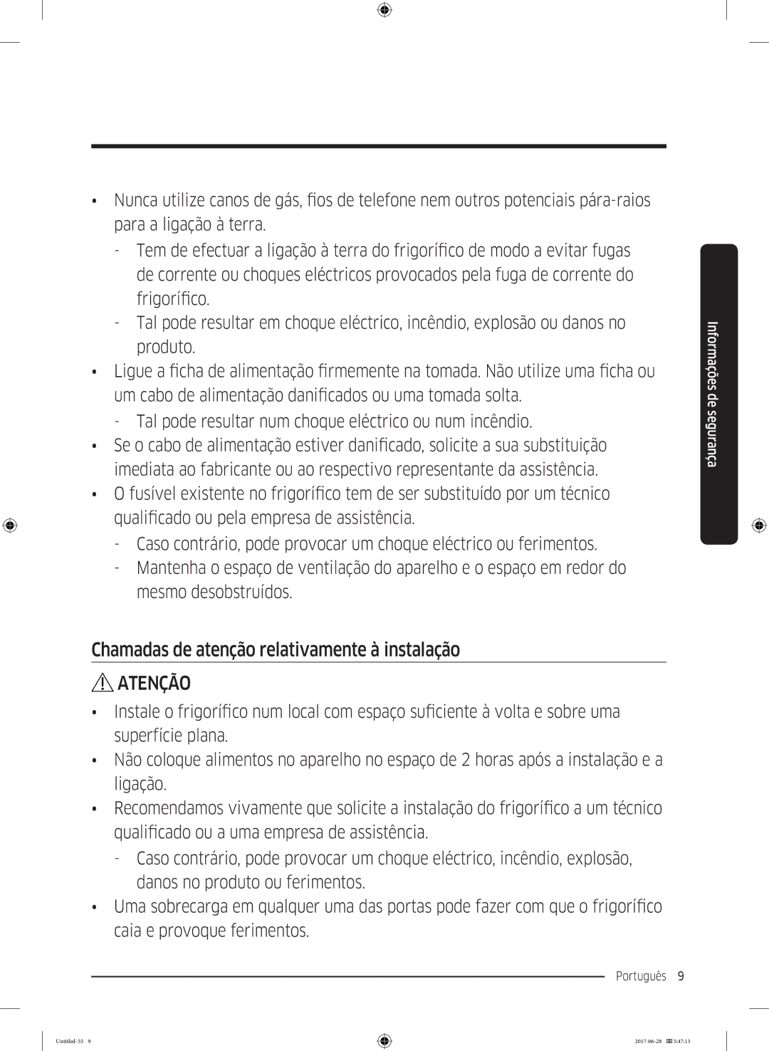 Samsung RF56K9041SR/ES manual Chamadas de atenção relativamente à instalação 