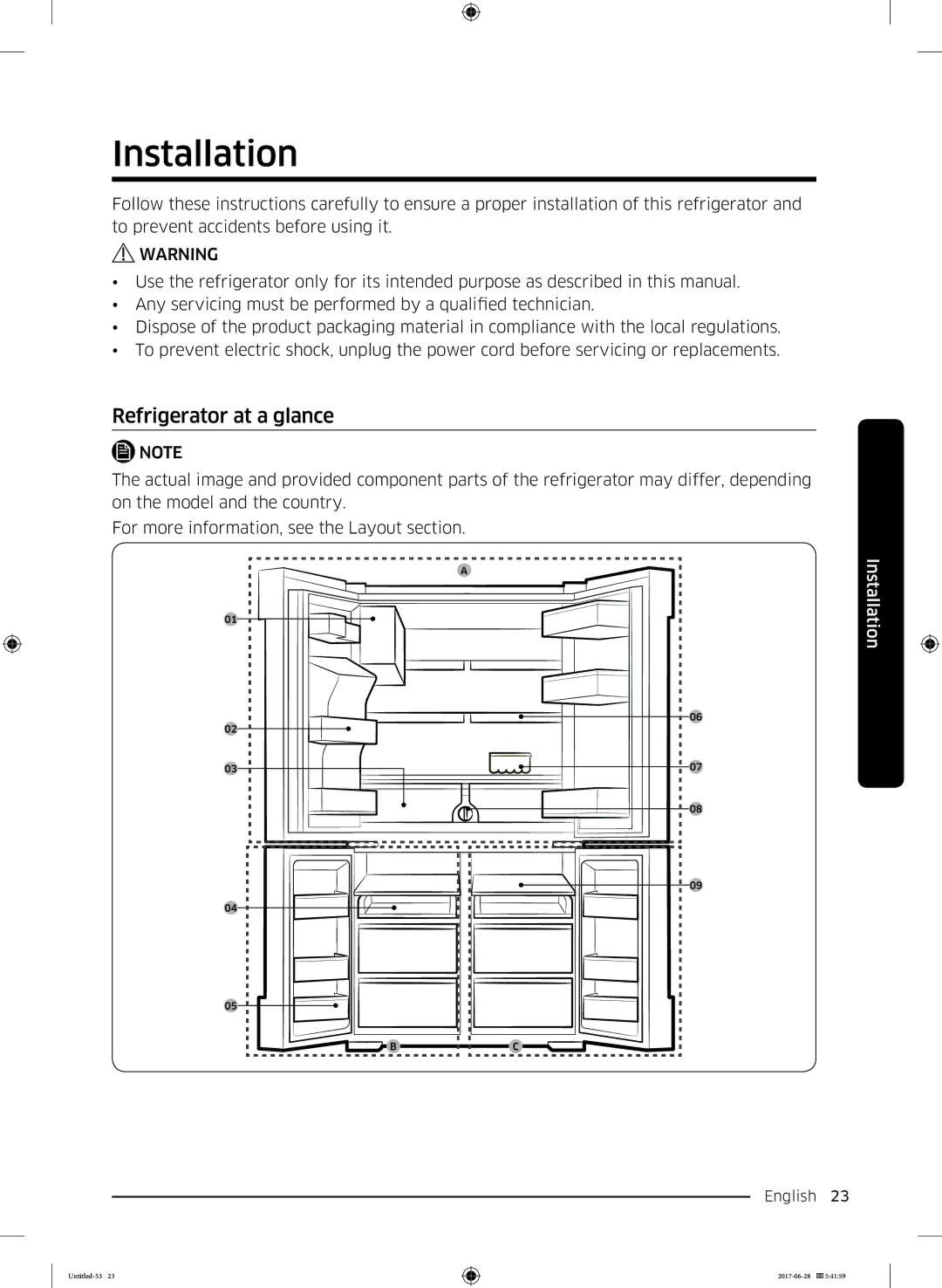 Samsung RF56K9041SR/ES manual Installation, Refrigerator at a glance 