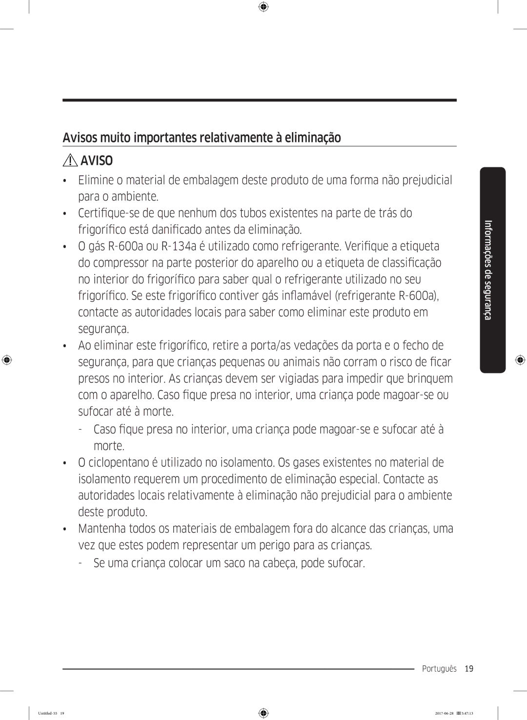 Samsung RF56K9041SR/ES manual Avisos muito importantes relativamente à eliminação 