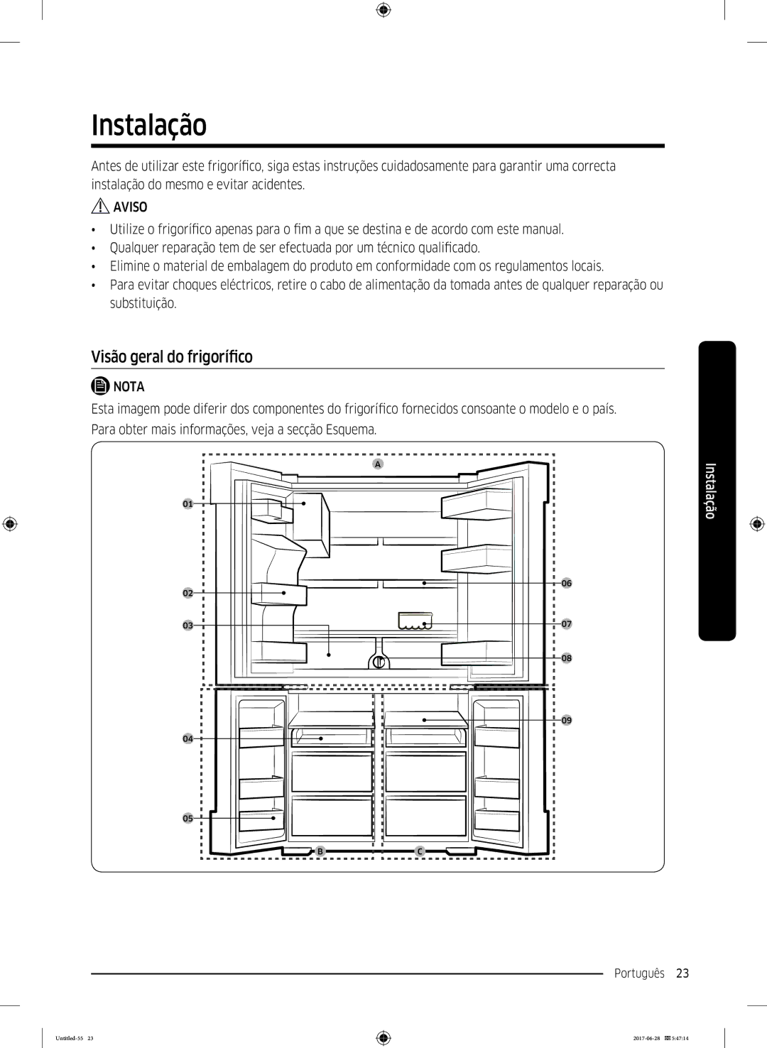 Samsung RF56K9041SR/ES manual Instalação, Visão geral do frigorífico 