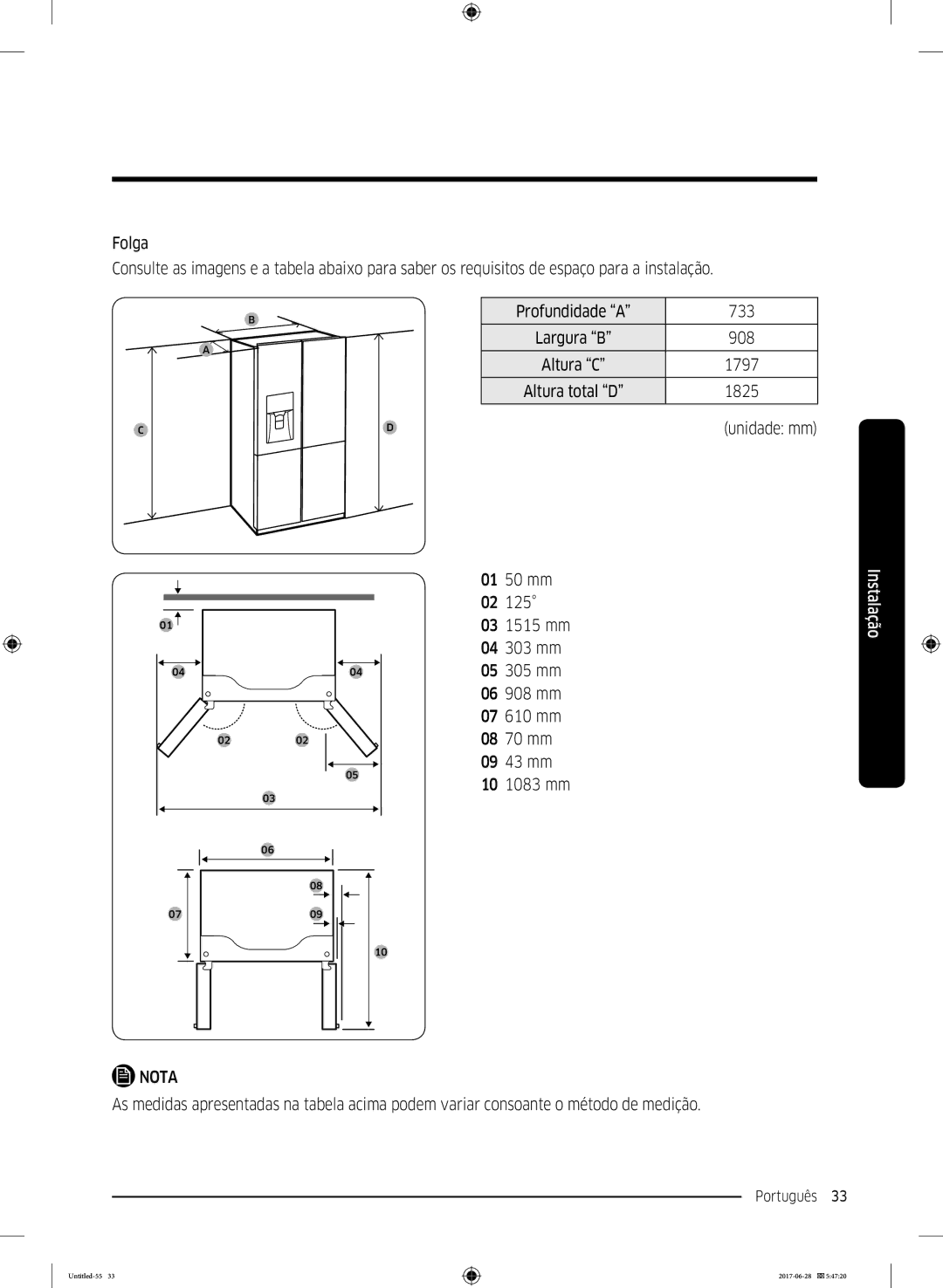 Samsung RF56K9041SR/ES manual Profundidade a 733, 908 