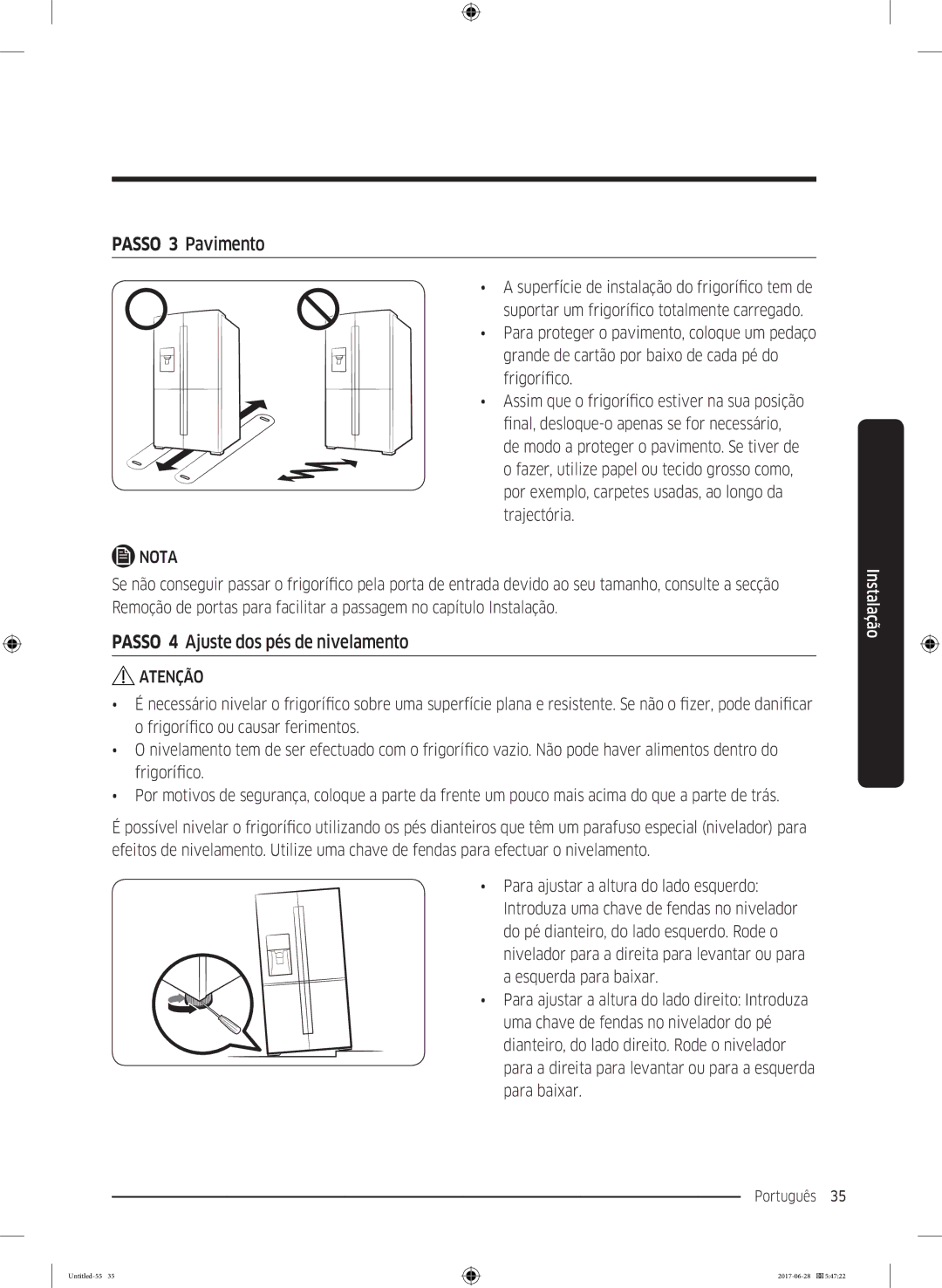 Samsung RF56K9041SR/ES manual Passo 3 Pavimento, Passo 4 Ajuste dos pés de nivelamento 