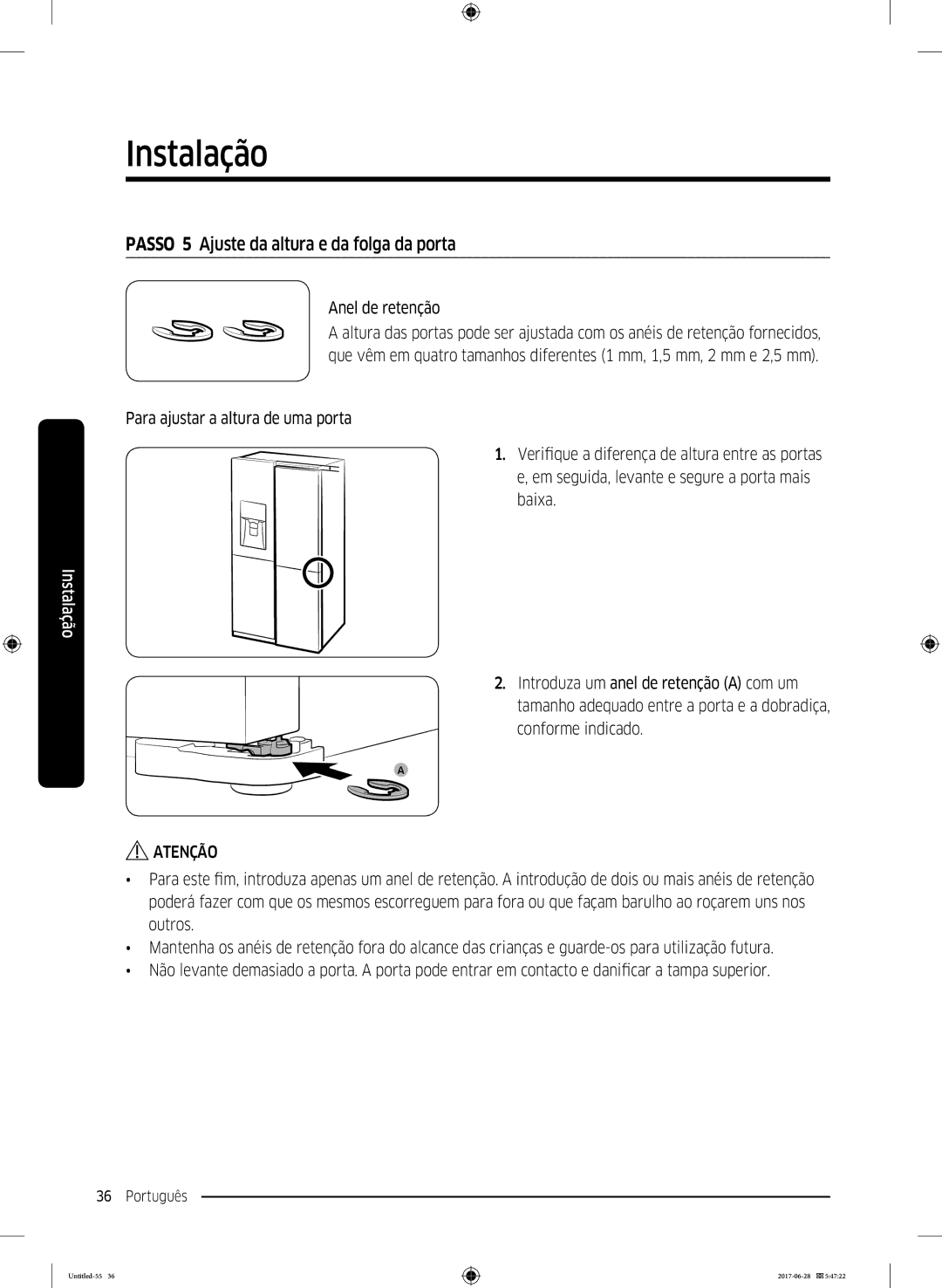 Samsung RF56K9041SR/ES manual Passo 5 Ajuste da altura e da folga da porta, Anel de retenção 