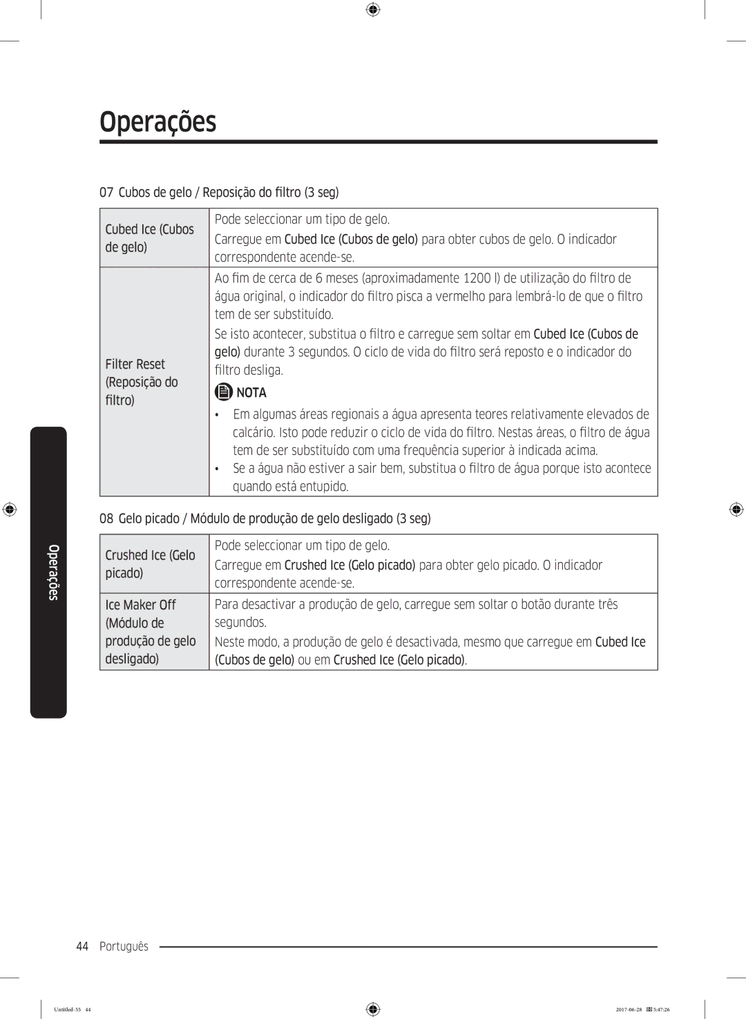 Samsung RF56K9041SR/ES manual Cubos de gelo / Reposição do filtro 3 seg Cubed Ice Cubos, De gelo, Correspondente acende-se 