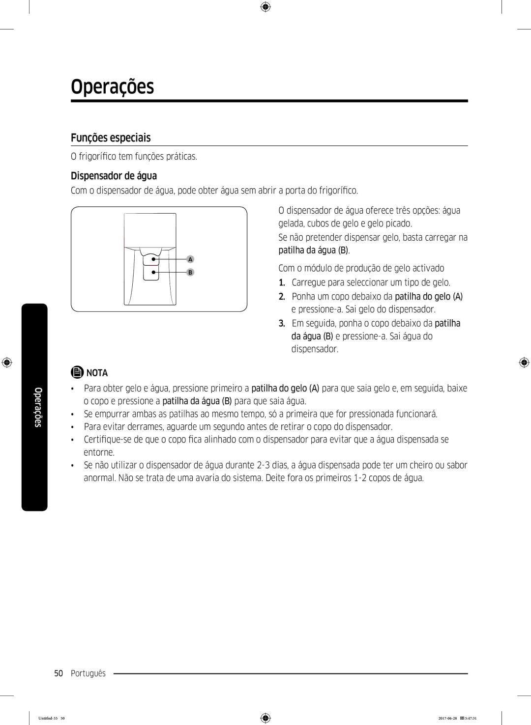 Samsung RF56K9041SR/ES manual Funções especiais, Dispensador de água, Frigorífico tem funções práticas 