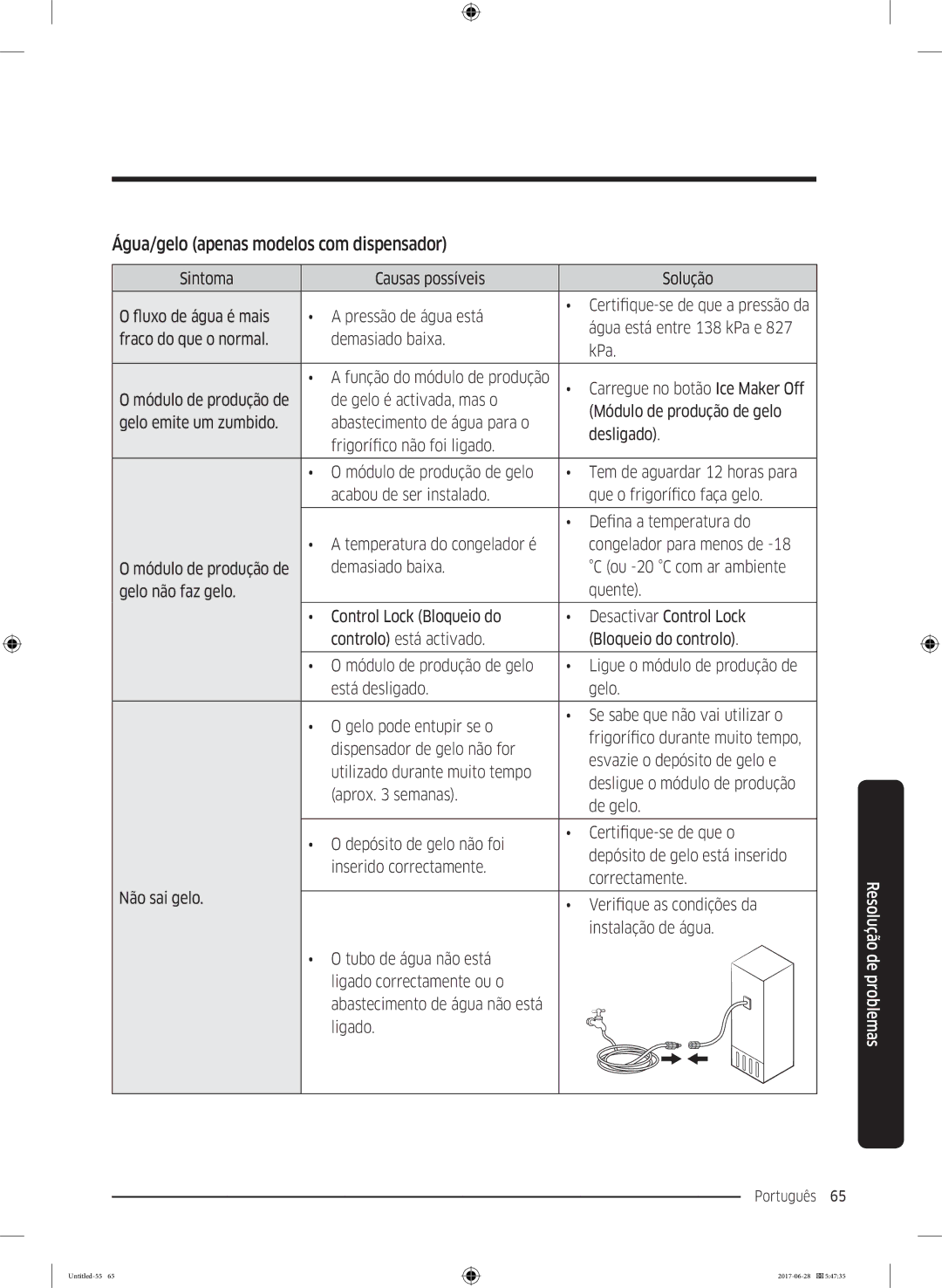 Samsung RF56K9041SR/ES manual Água/gelo apenas modelos com dispensador, Carregue no botão Ice Maker Off, Ligado 