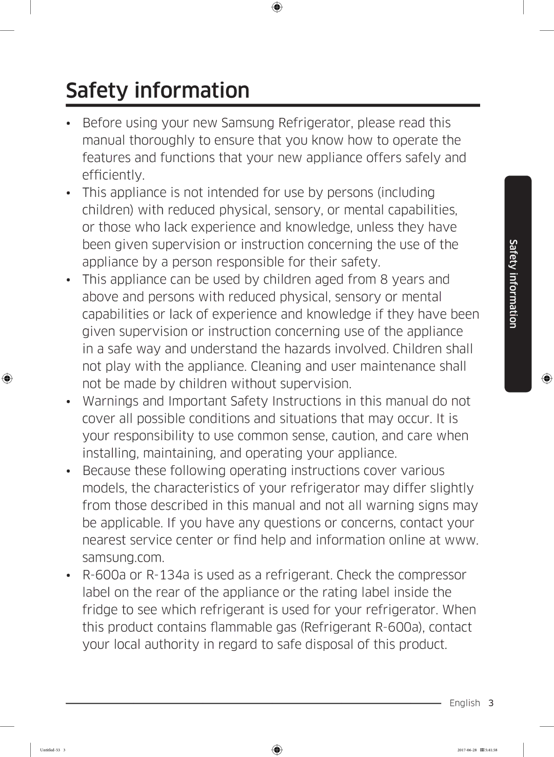 Samsung RF56K9041SR/ES manual Safety information 