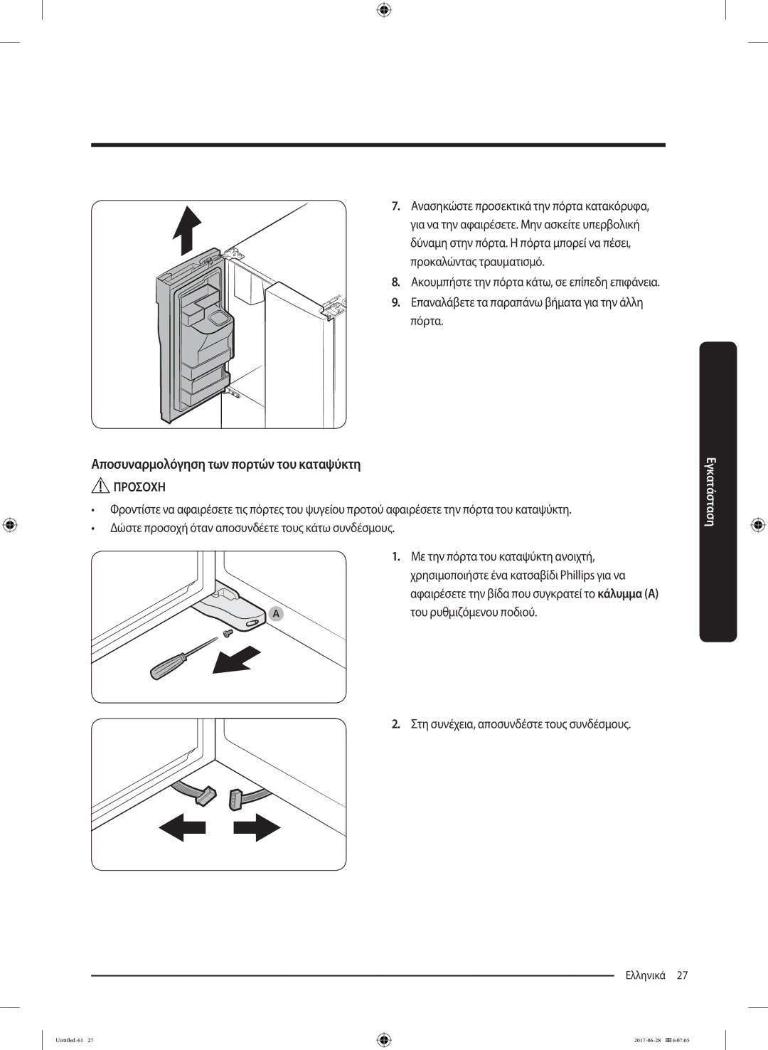 Samsung RF56K9041SR/ES manual Αποσυναρμολόγηση των πορτών του καταψύκτη, Του ρυθμιζόμενου ποδιού 