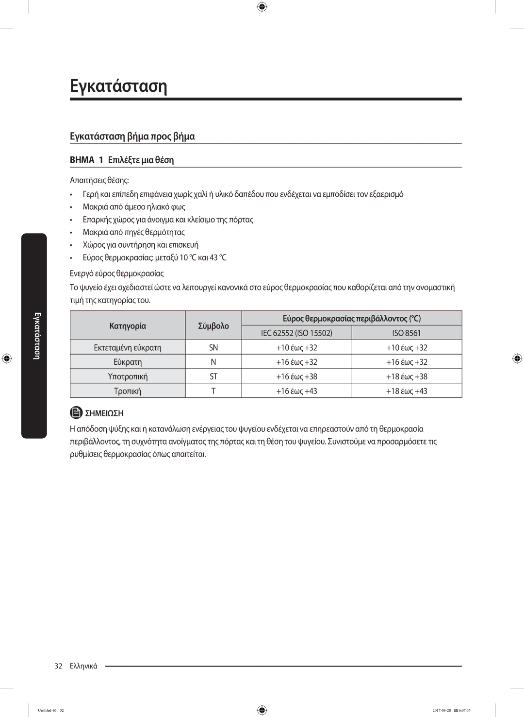 Samsung RF56K9041SR/ES manual Εγκατάσταση βήμα προς βήμα, Βημα 1 Επιλέξτε μια θέση 