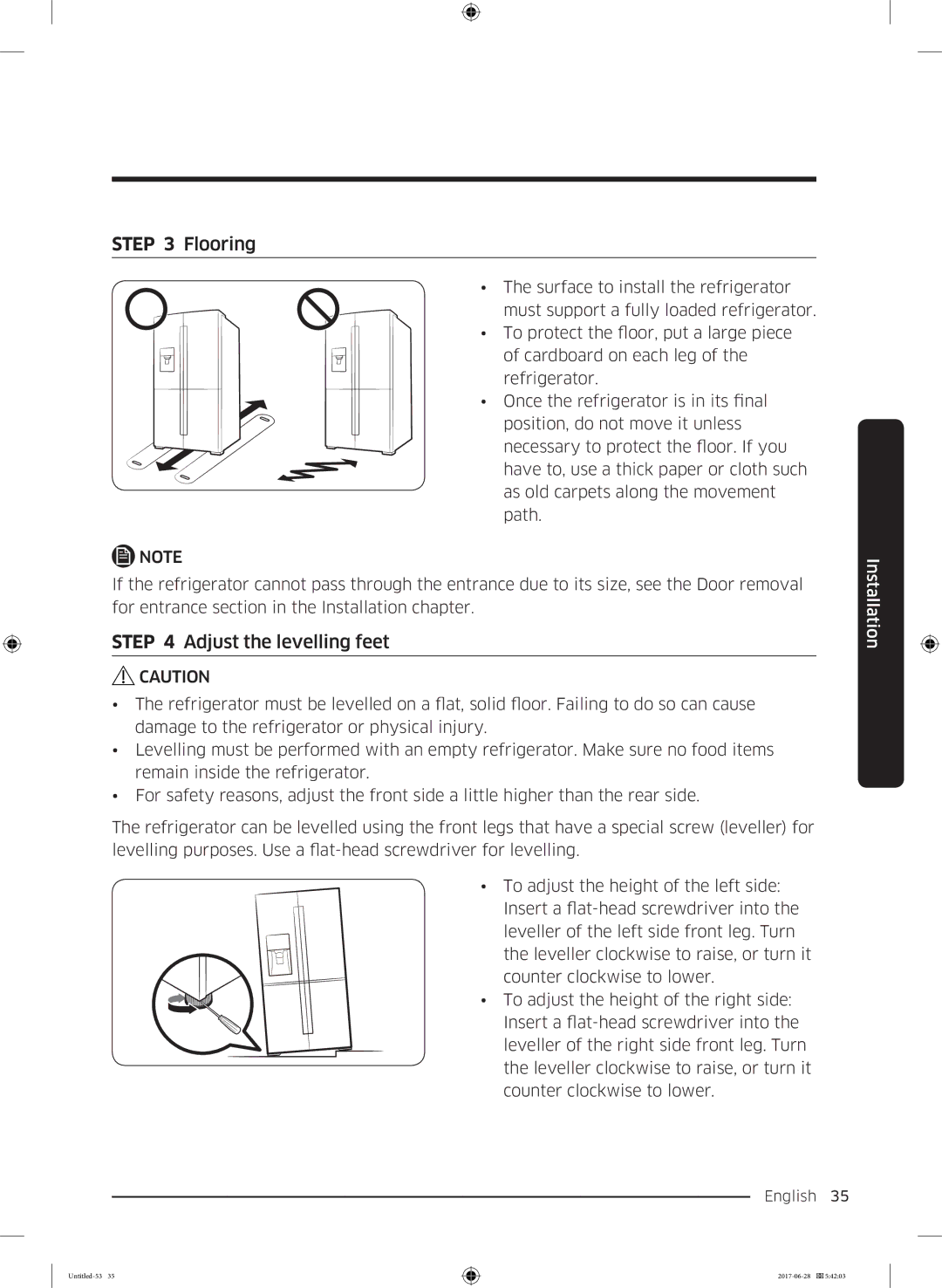 Samsung RF56K9041SR/ES manual Flooring, Adjust the levelling feet 